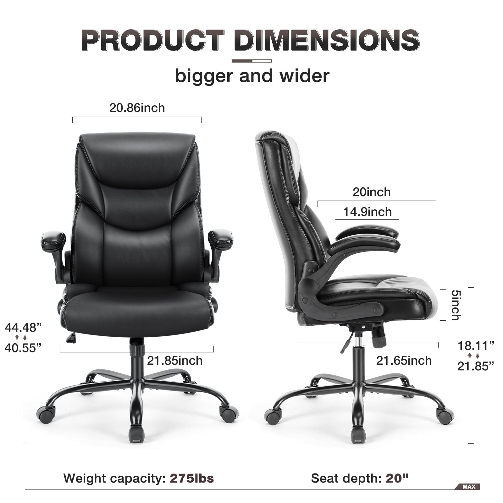GIANNA Heavy Duty Ergonomic Computer Gaming Office Chair, With Wheels, Flip-up Arms, Adjustable Height, PU Leather, Black