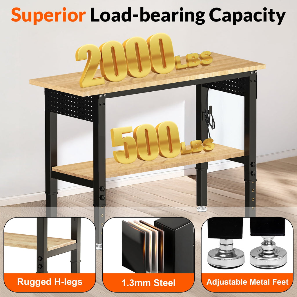 60 inch Workbench for Garage, Heavy-Duty 2 Tier Wood Work Bench with Storage Pegboards, Hooks, Power Outlets, Rubber Wood Tabletop 2000 LBS Load Bearing Workstation Garage Desk Work Table