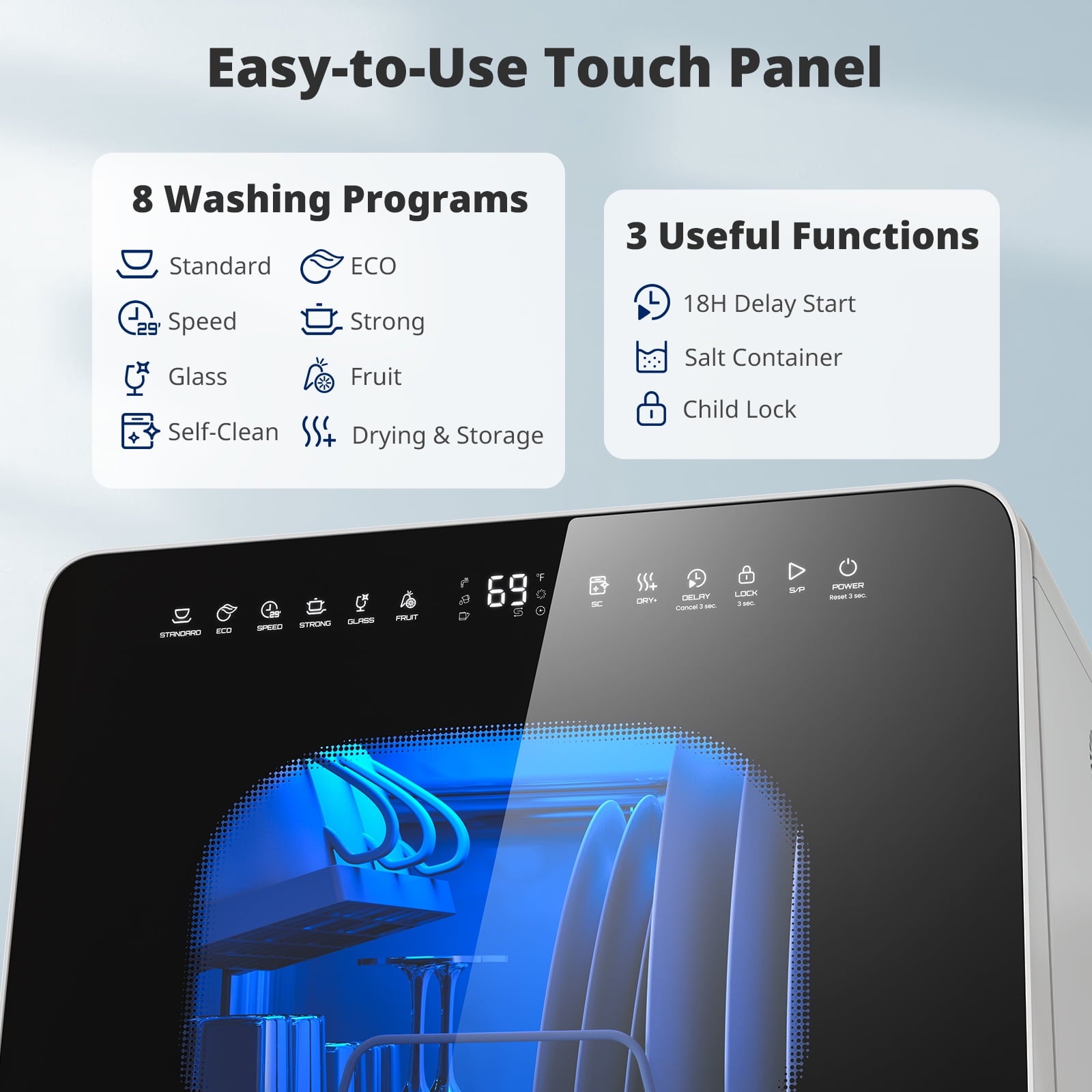 AIRMSEN Countertop Dishwasher with Salt Chamber, Portable Mini Dishwasher with 5L Built-in Water Tank, 18H Delay Start & ECO Mode, Ideal for Apartments & RVs, TDQR09