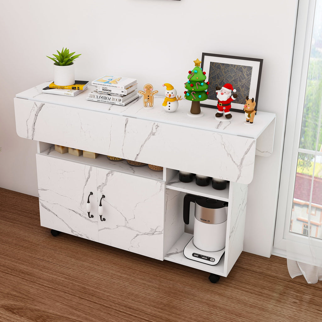 Wohh 47 Inch Folding Dining Table with Storage Shelves & Wheels, Multifunctional Kitchen Desk for Small Spaces, Compact Mobile Computer Desk for Home Office, Dorm, Adjustable Foldable Study Table