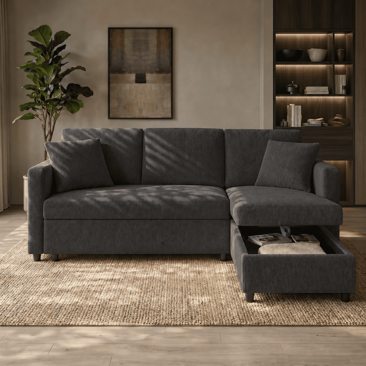 BINBANK L-Shaped Chenille Pull Out Sleeper and Storage Chaise Sectional Futon Sofa Bed with USB, Gray/Beige