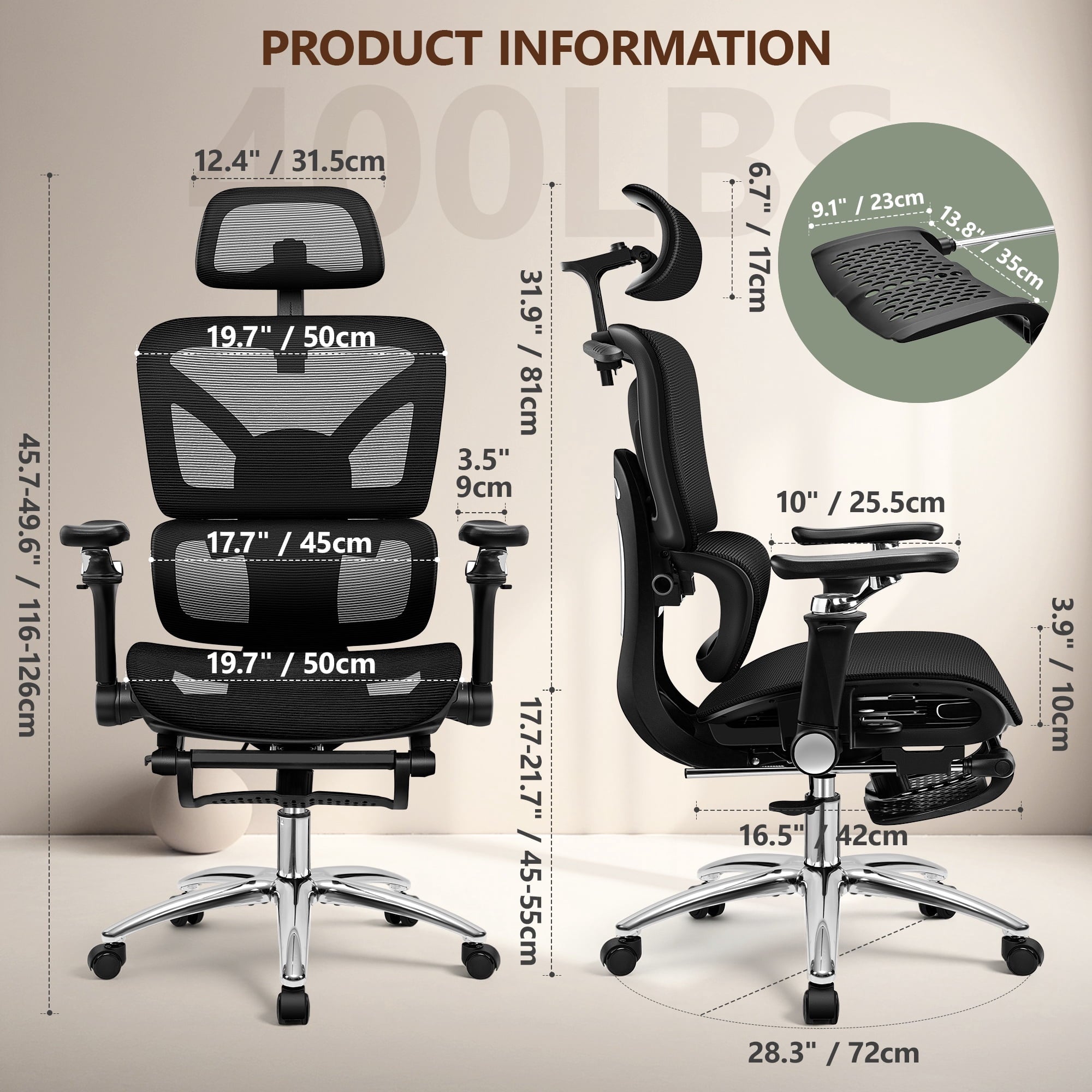 COOLHUT Ergonomic Mesh Office Chair with Footrest, Big and Tall Computer Desk Chair with Adjustable Lumbar Support, Headrest and Armrest, High Back Home Office Chair for Workspace, 300LBS, Black