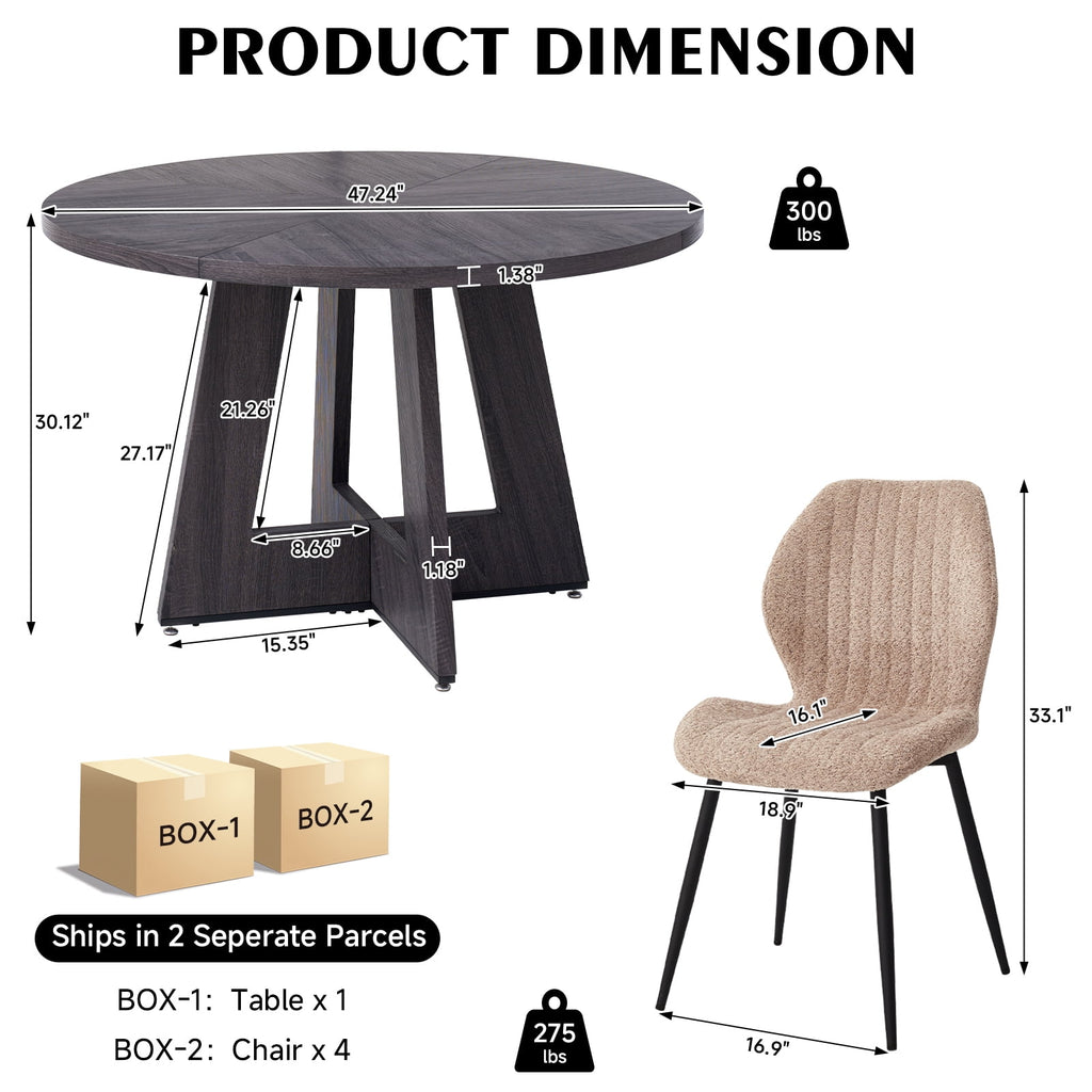 5 Piece 47'' Round Dining Table Chairs Set for 4, Farmhouse Oak Kitchen Table with 4 Boucle Mid Century Modern Dinning Room Chairs, Wood Dinner Table &Upholstered Chair Set of 4, Beige