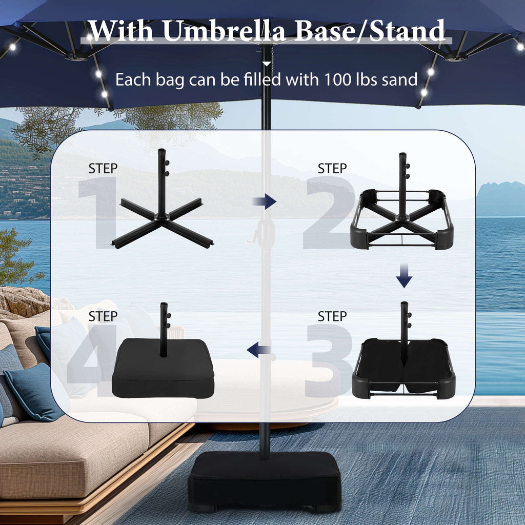 SUMMIT LIVING 15ft Double-Sided Solar Patio Umbrella with Base (Included) Large Outdoor Umbrella with Solar Lights - Beige