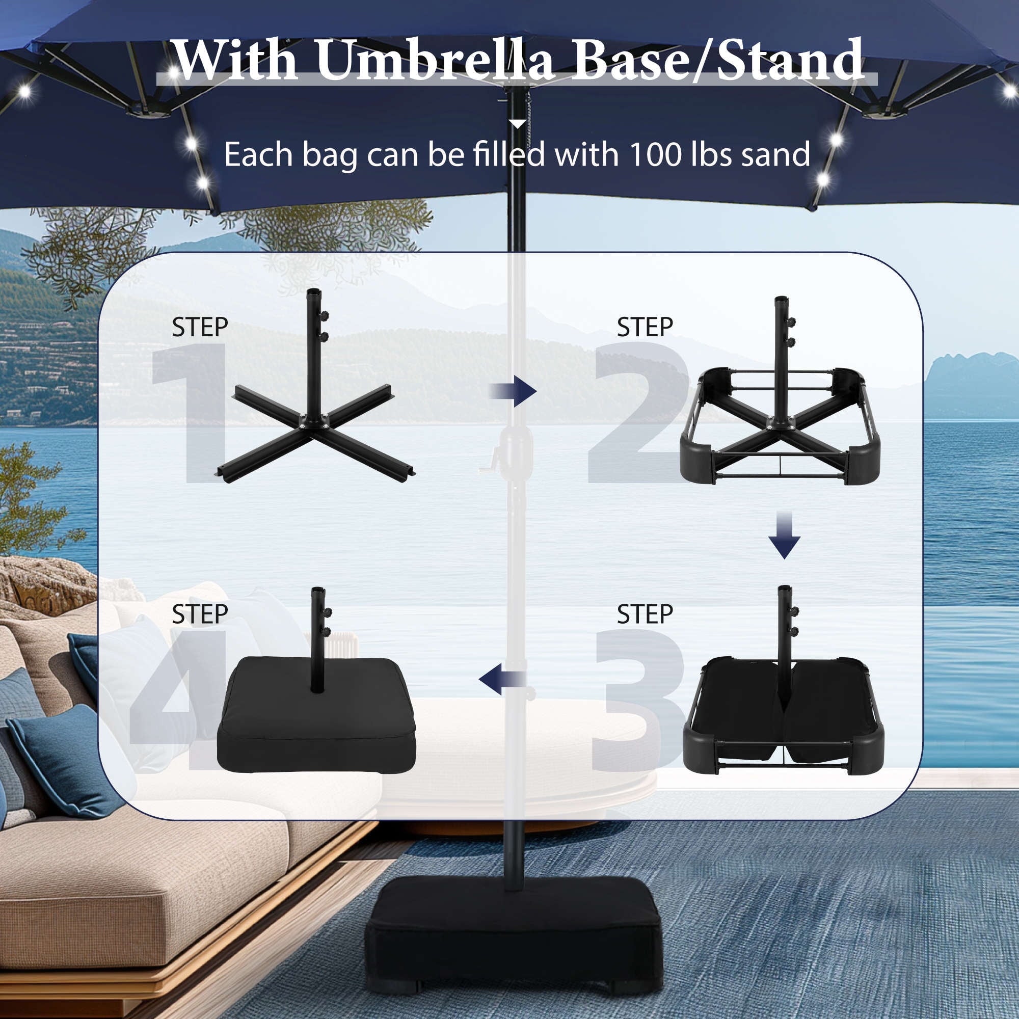 SUMMIT LIVING 15 FT Double-Sided Solar Patio Umbrella with Base Large Outdoor Umbrella with LED Solar Lights - Haze Blue