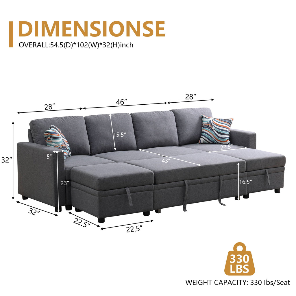 AENKYO 102 U-Shaped Sectional Sofa Bed, Linen Pull Out Sleeper Couch with Storage Seats for Living Room，White