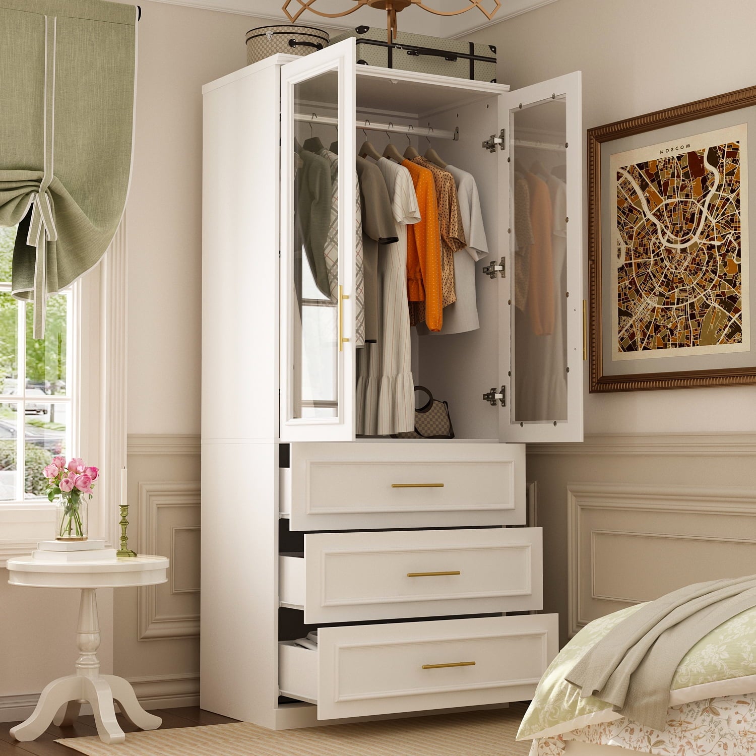 OxyLife 2 Door Wardrobe Armoire, White Closet Storage Organizer with Drawers and Shelves