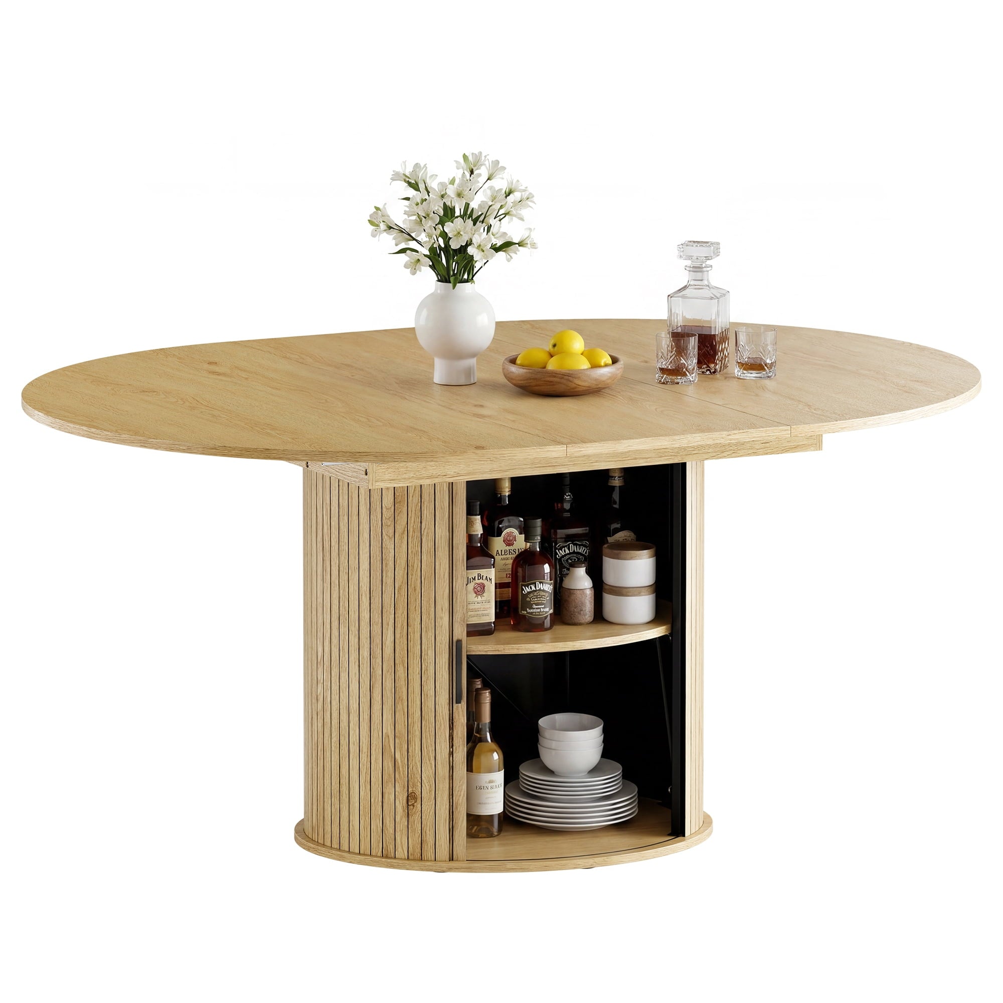 EOP 47″- 63″ Extendable Round Dining Table for 4-6, Wooden Kitchen Table with Hidden Storage and Fluted Sliding Door Cabinet, Modern Space-Saving Table for Dining Room Kitchen, Natural Wood