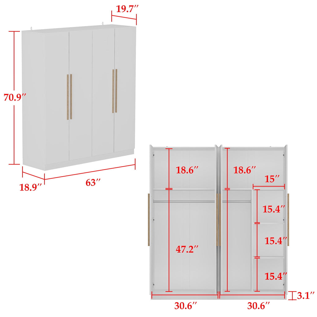 MONSLIPA Wardrobe Closet, 4 Door Wooden Armoire Storage with Hanging Rods for Bedroom, White
