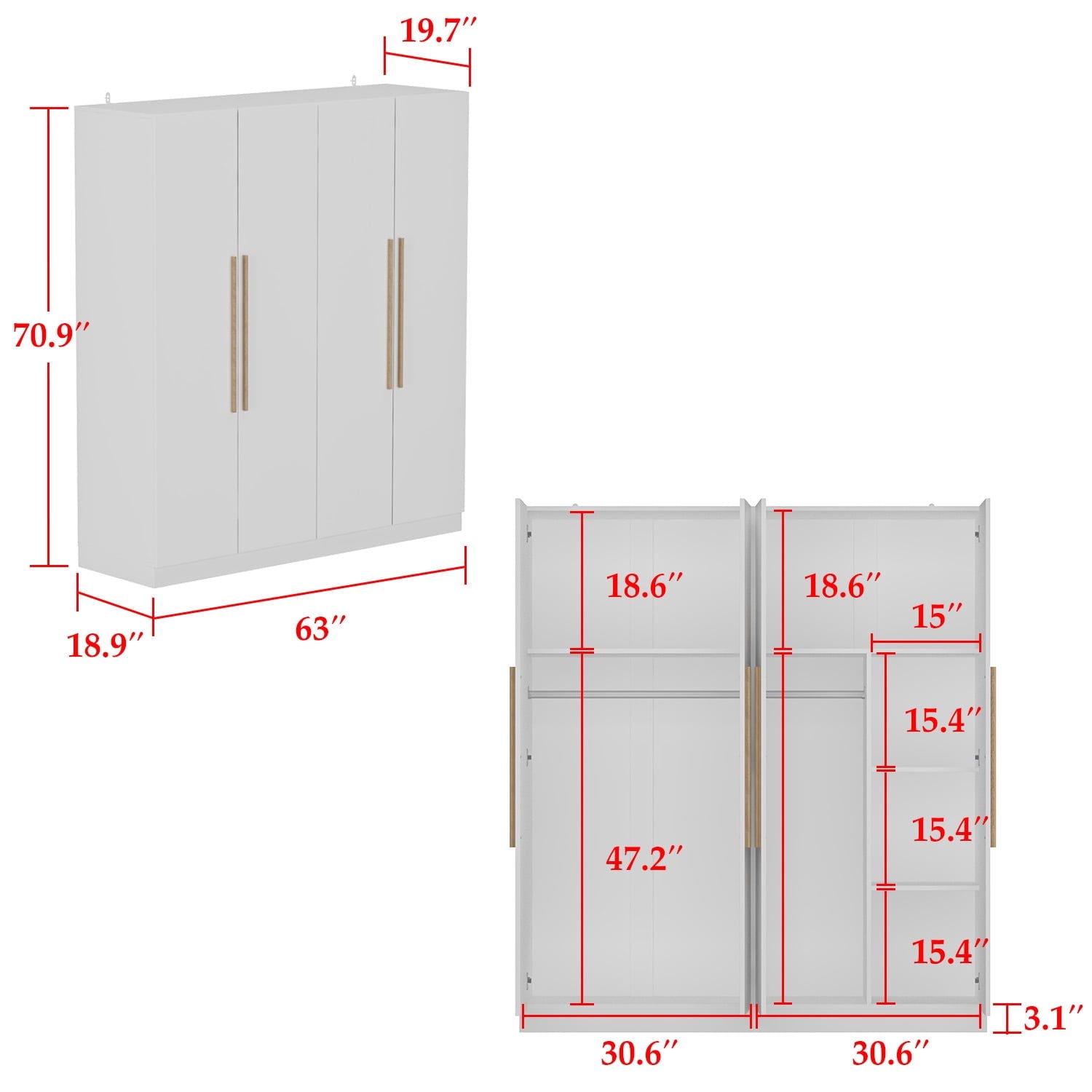 MONSLIPA Wardrobe Closet, 4 Door Wooden Armoire Storage with Hanging Rods for Bedroom, White