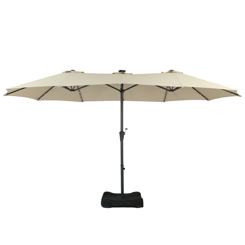 Ainfox 15ft Large Patio Umbrella with Solar Lights, Double-Sided Outdoor Rectangle Table Umbrellas with Sand Bag Base，Beige