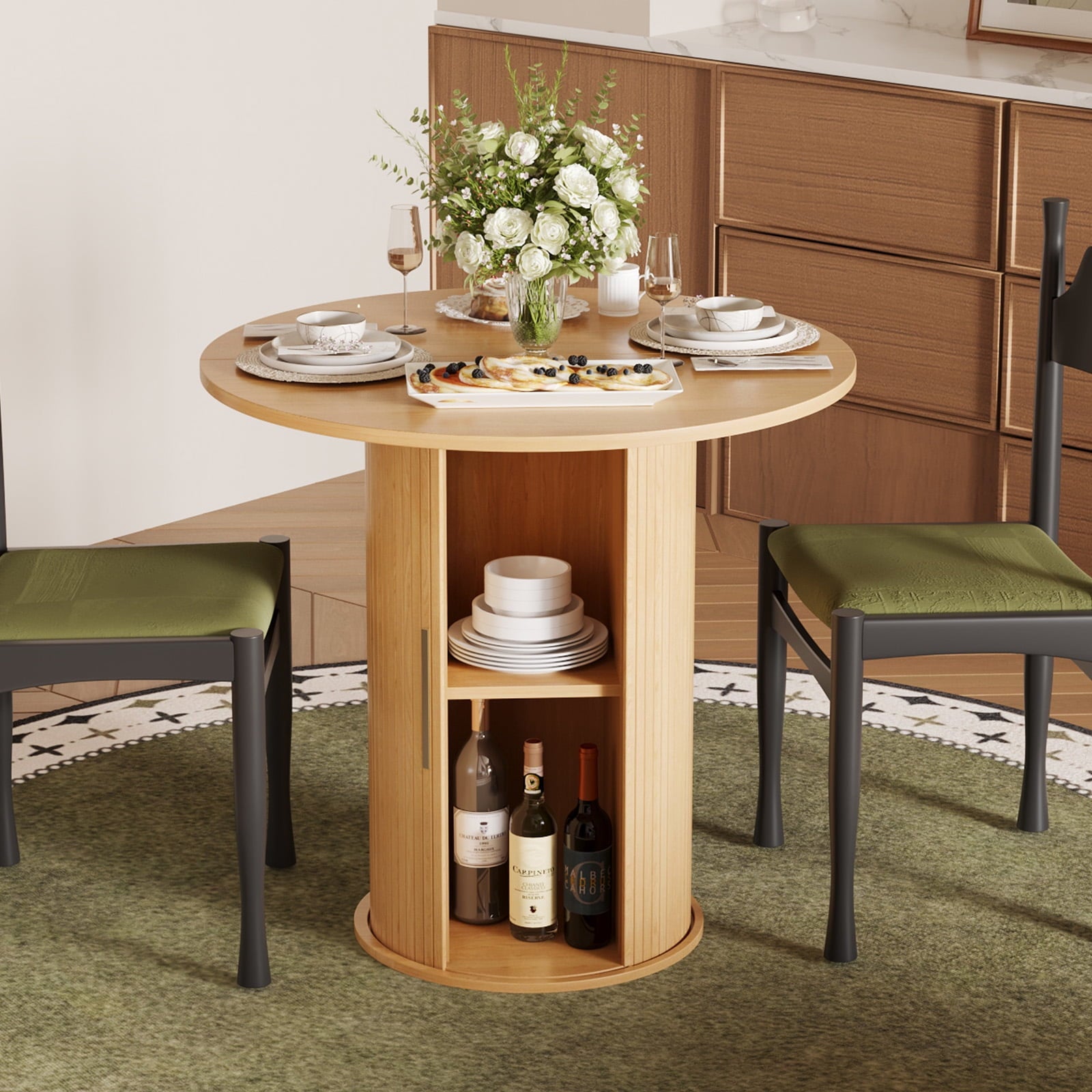 Ktaxon Mid-Century Round Dining Table for 2, 31.5 Modern Dining Room Table with 2-Tier Storage for Small Spaces, Kitchen, Dining Room, Home, Apartment Friendly, Oak