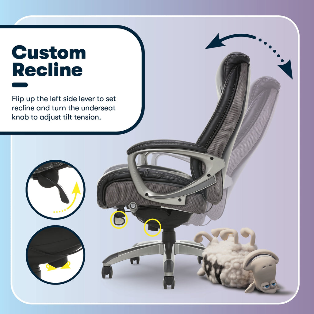 Serta Lautner Executive Home Office Desk Chair, Ergonomic High-Back with Adjustable Lumbar and Body Pillows, SmartLayers and ComfortCoils Technology, Mesh and Bonded Leather, Black and Gray