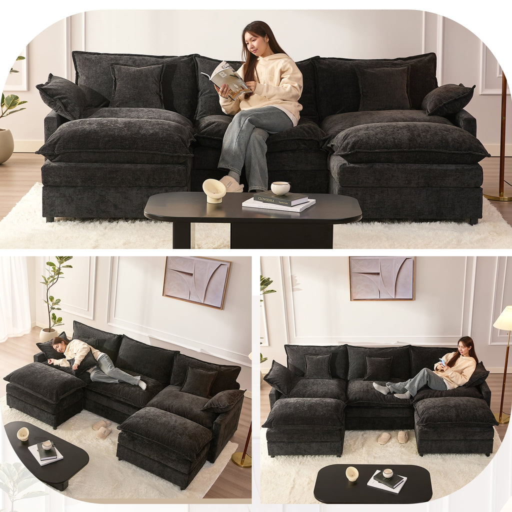 LAKPS 3-Seat Sectional Sofa Couch, Cloud-Style Deep Seating Sleeper Sofa with Included Throw Pillows, Linen Upholstery, Modern Living Room Sofa, Cream White