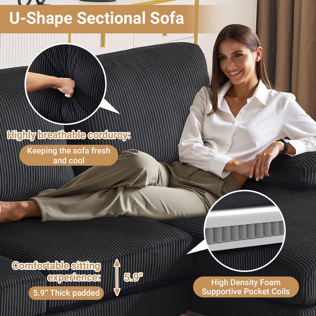 Ktaxon U-Shaped Sectional Sofa, 111  Chenille Couch, 4 Seat Lounge Sleeper with Double Chaise for Living Room Black