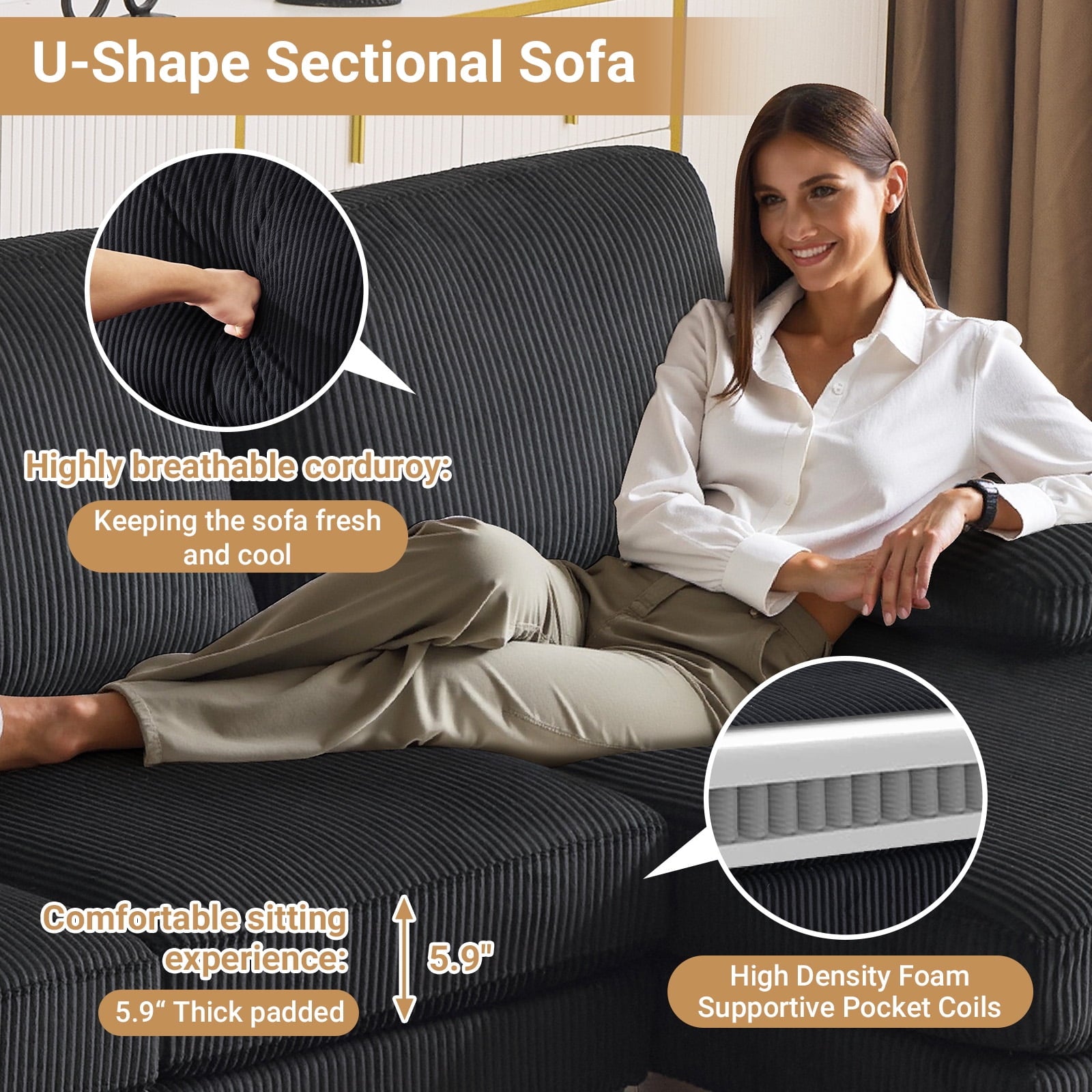 Ktaxon U-Shaped Sectional Sofa, 111  Chenille Couch, 4 Seat Lounge Sleeper with Double Chaise for Living Room Black