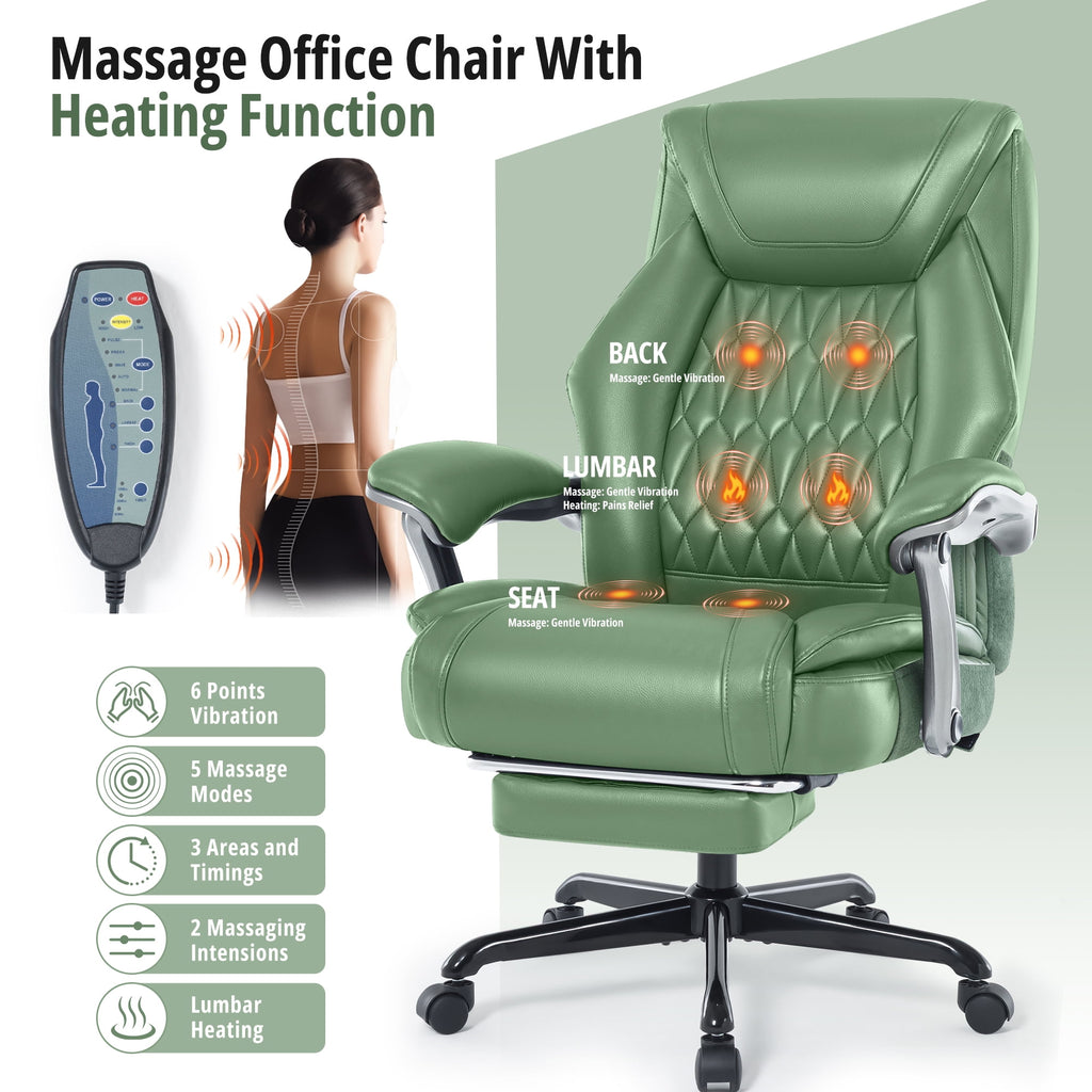 Heated Massage Office Chair with 6 Points Vibration, Reclining Ergonomic Desk Chair with Footrest for Extra Comfort, PU Leather High Back Executive Computer Chair, Thick Padded Massage Chair