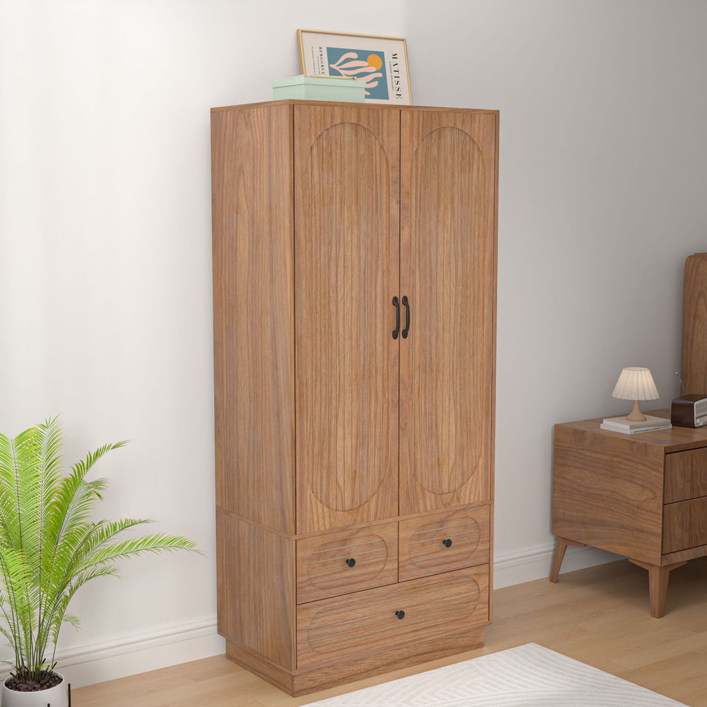 Wardrobe Closet with 2 Door & 3 Drawers, Freestanding Wooden Closet with Shelves and Hanging Rod, Bedroom