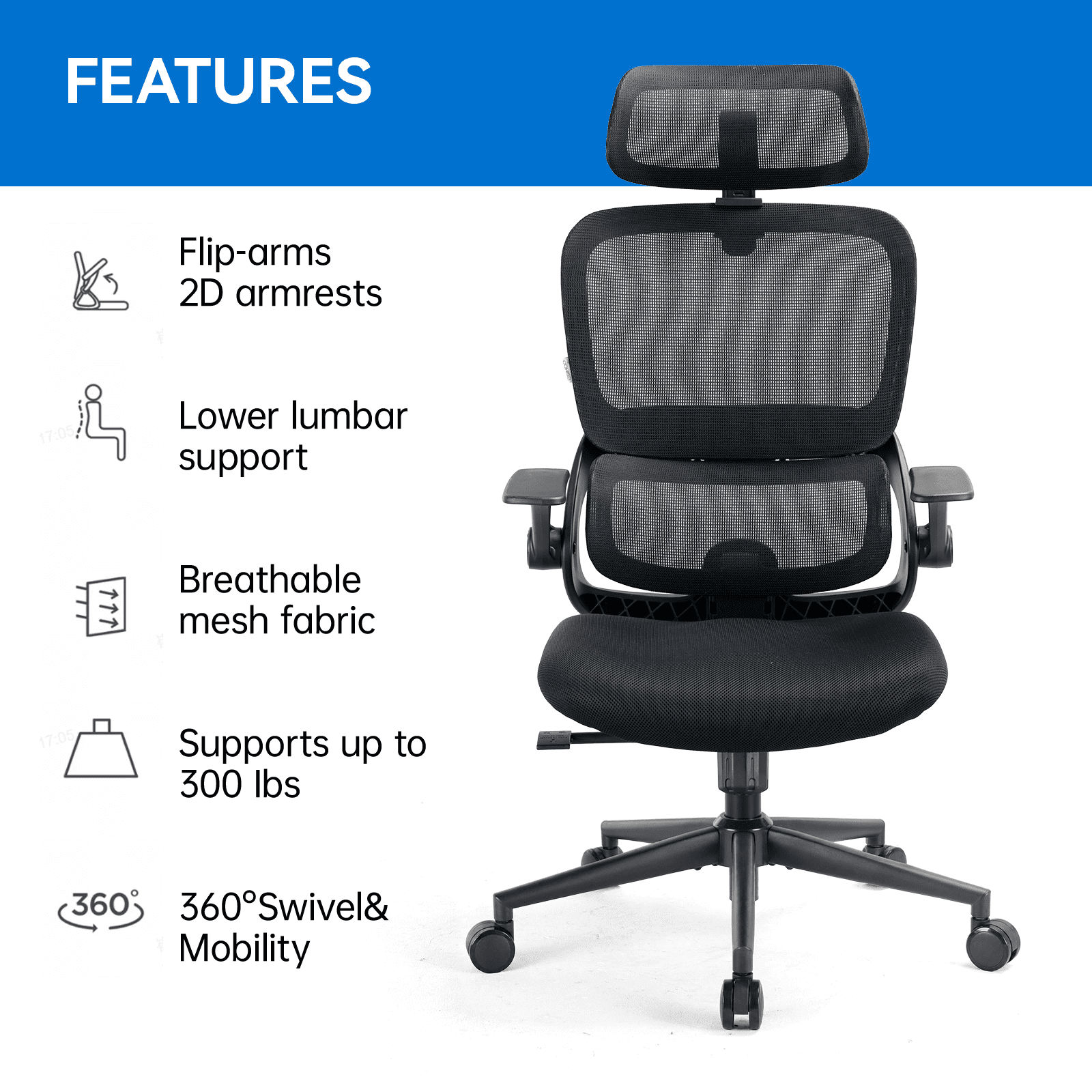 SIHOO B100 Se Office Chair, Executive Chair with Cotton Seat, Dual-Back Ergonomic Chair, 2D Adjustable Headrest & Flip Link Armrest, Comfort Mesh Chair for Home Office & Gaming, 265lbs, Gray