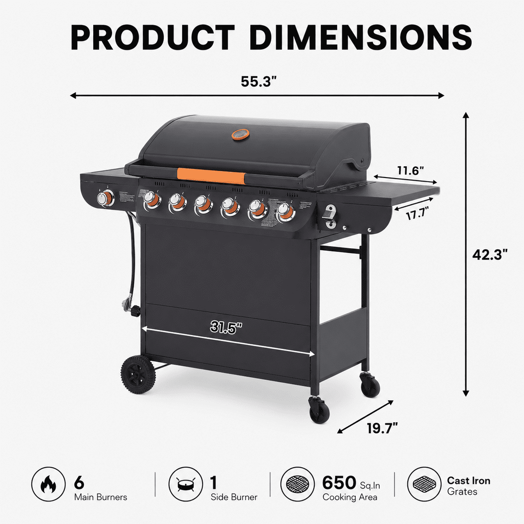 72,000 BTU Gas Grills Clearance, 6-Burner Propane BBQ Grill with Side Burner, 650 Sq.In Cooking Area, Cast Iron Grates, Warming Rack, Thermometer, Outdoor Grill for Patio Backyard