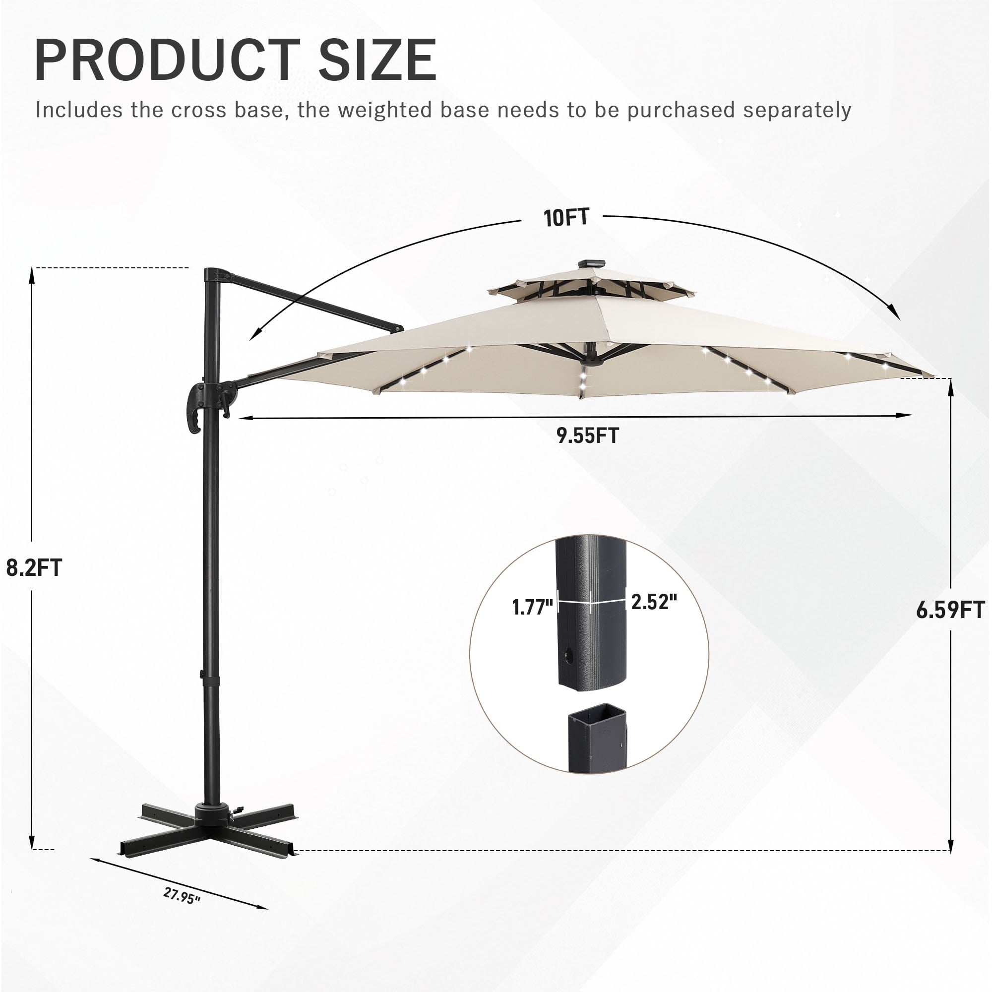 Ainfox 10ft Double Top Heavy-Duty Patio Cantilever Umbrella with lights and Cross Base, Outdoor Large Offset Hanging Aluminum Rotation Sun Shade Solar Umbrella with 360°Rotation Adjustable,Khaki