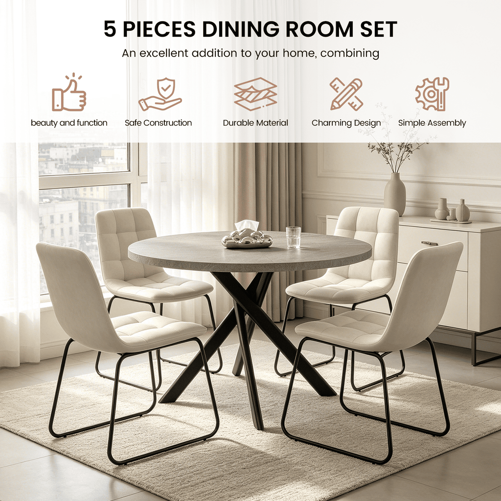 43.5 Round Dining Table for 4, Space Saving Kitchen Table with Metal Legs, Mid Century Modern Dining Table for Dining Living Room Apartment Small Space