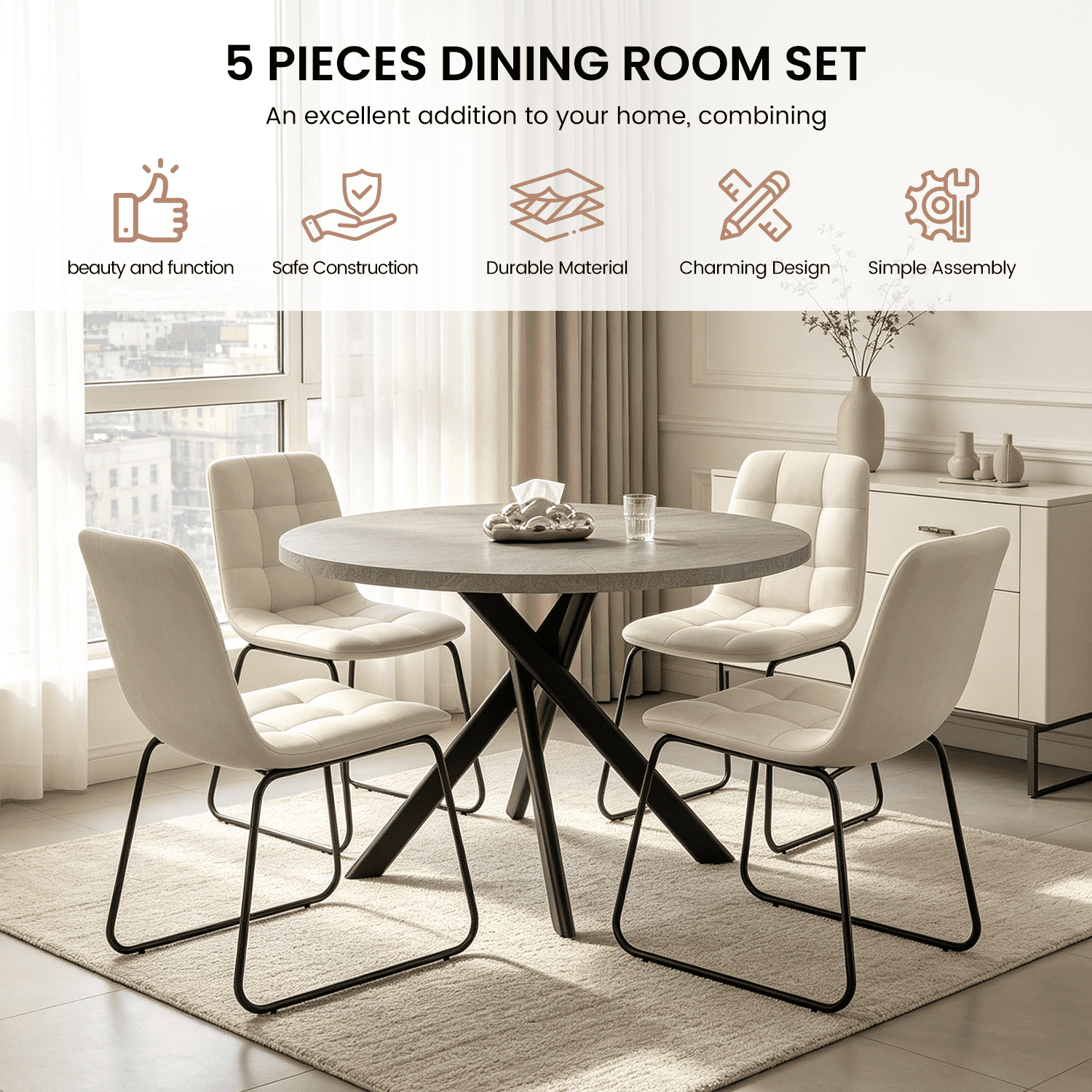 43.5 Round Dining Table for 4, Space Saving Kitchen Table with Metal Legs, Mid Century Modern Dining Table for Dining Living Room Apartment Small Space