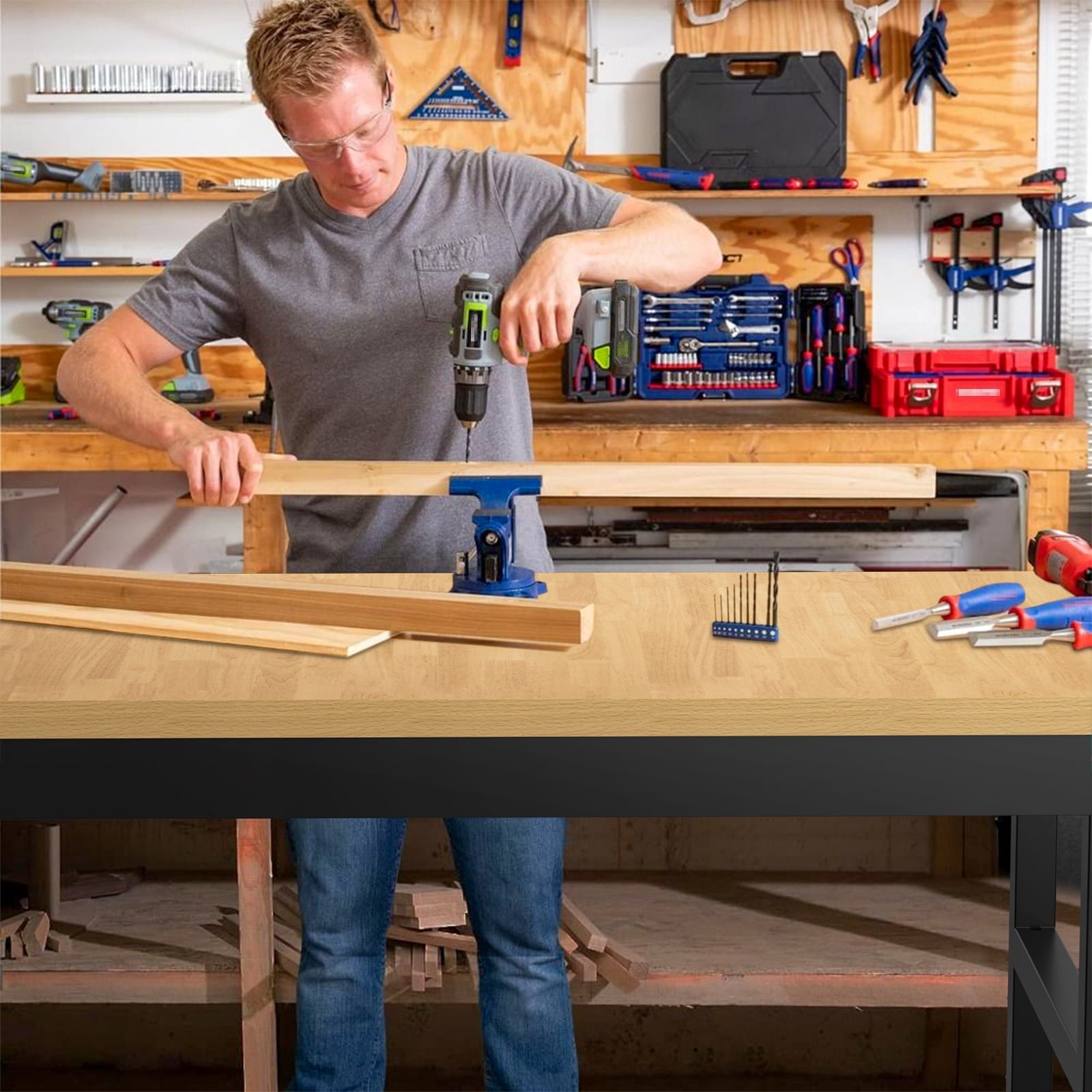 60 Adjustable Workbench,Heavy-Duty Work Table,3000 LBS Load Capacity Hardwood Workstation Outlets with Power strips and Wheels,for Workshop, Garage