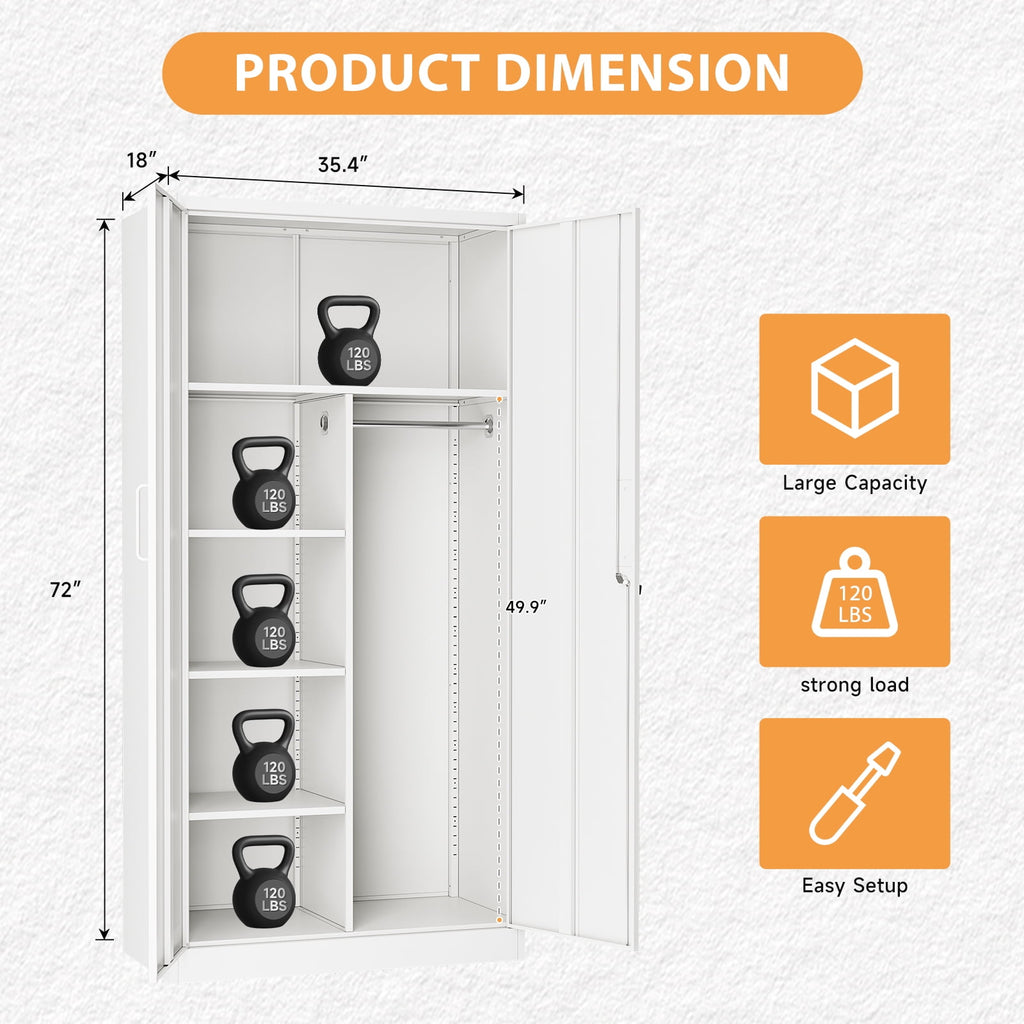 STANI Metal Wardrobe Closet with Hanging Rod, 72 White Armoire Wardrobe Cabinet with Adjustable Shelves, Clothes Storage Organizer Cabinets for Bedroom, Bathroom, Office