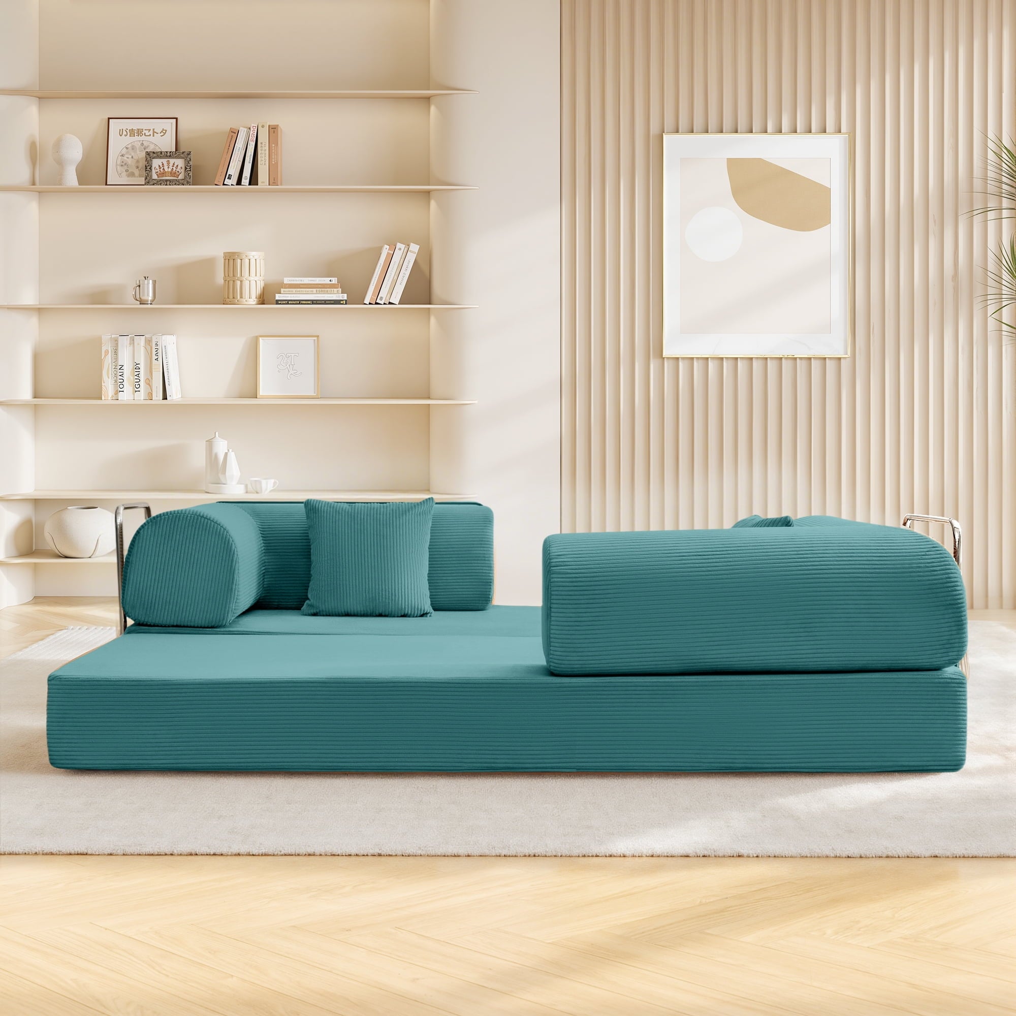 COOLHUT 63 W Combination Sofa, High Rebound Density Foam Sofa Couch, Two Forms Floor Couch Three Seats Sofa Bed for Living Room, Bedroom, Green
