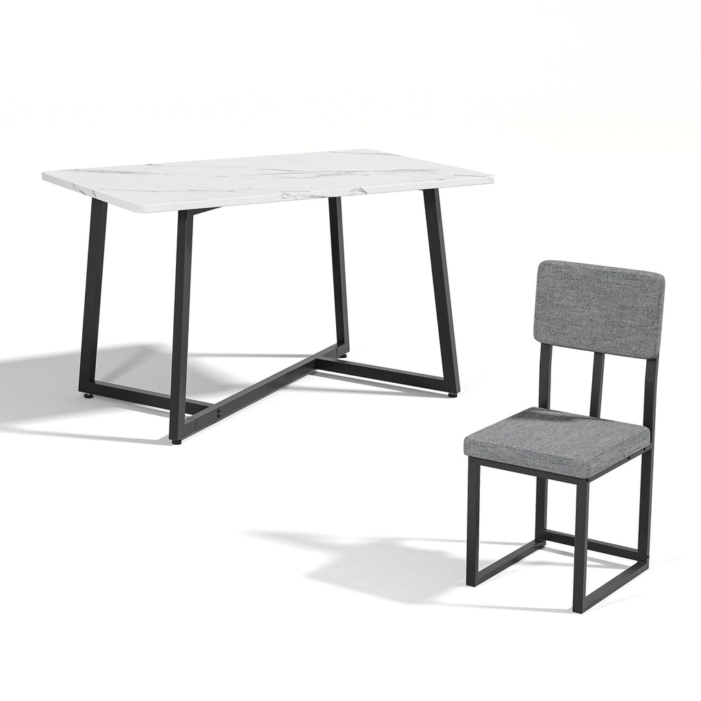 PORKISS 5 Piece Dining Table Set, Modern Faux Marble Tabletop and 4 Linen Upholstered Chairs, Rectangle Kitchen Table and Chairs for 4, White + Gray(Linen)