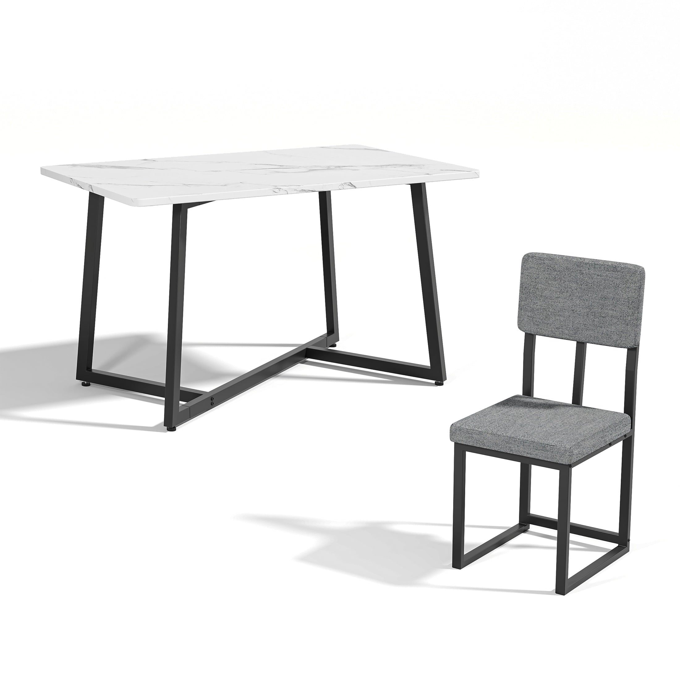 PORKISS 5 Piece Dining Table Set, Modern Faux Marble Tabletop and 4 Linen Upholstered Chairs, Rectangle Kitchen Table and Chairs for 4, White + Gray(Linen)