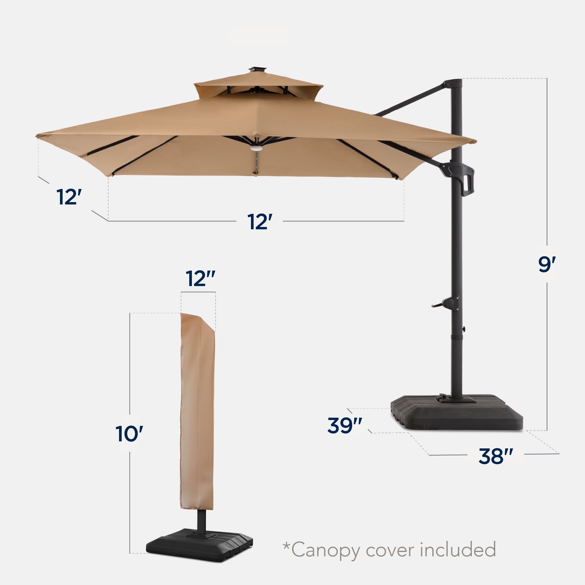 Best Choice Products 12x12ft 2-Tier Square Outdoor Solar LED Cantilever Umbrella w/ 360-Rotating Base   Gray