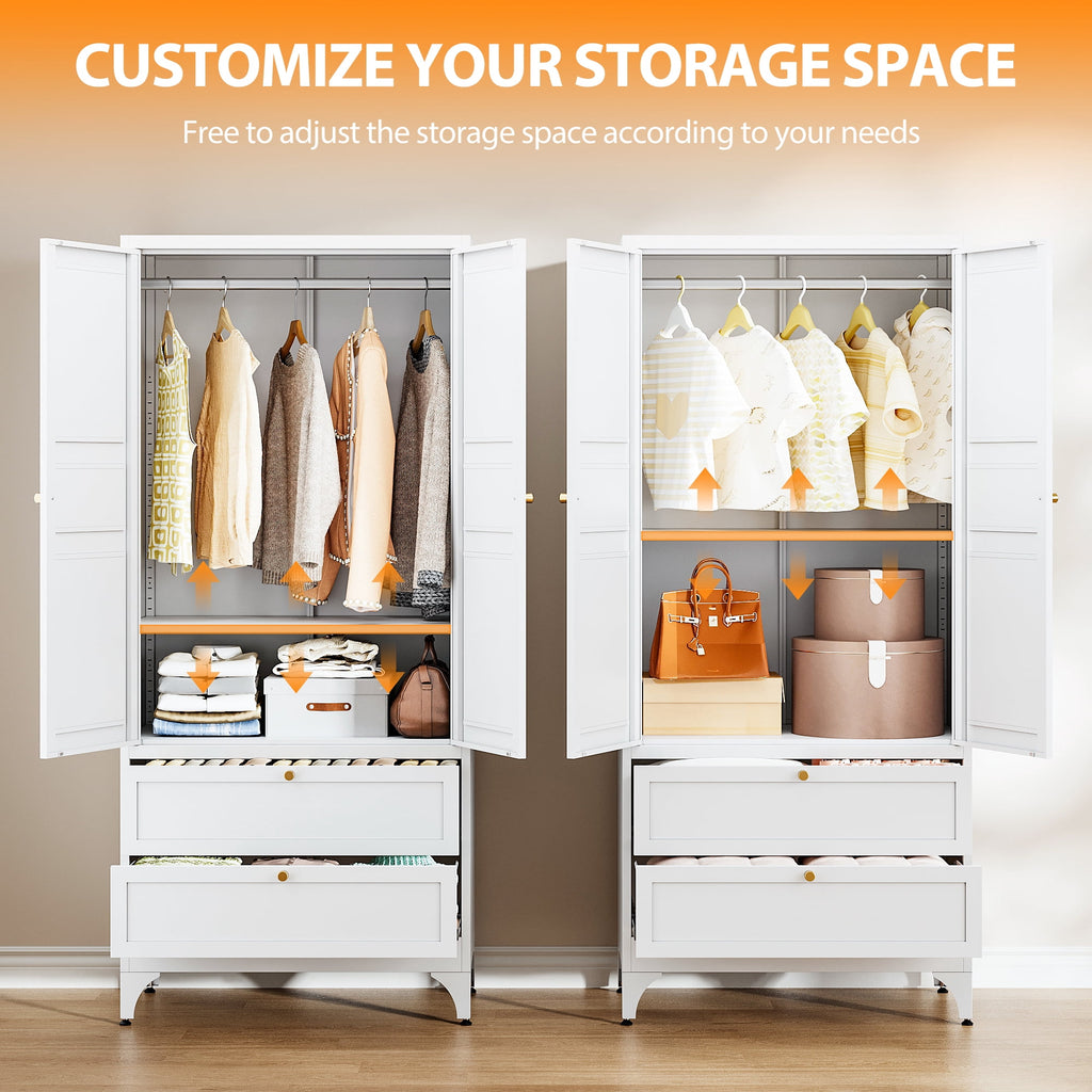 STANI Metal Wardrobe Closet with Hanging Rod, 72 White Armoire Wardrobe Cabinet with Adjustable Shelves, Clothes Storage Organizer Cabinets for Bedroom, Bathroom, Office