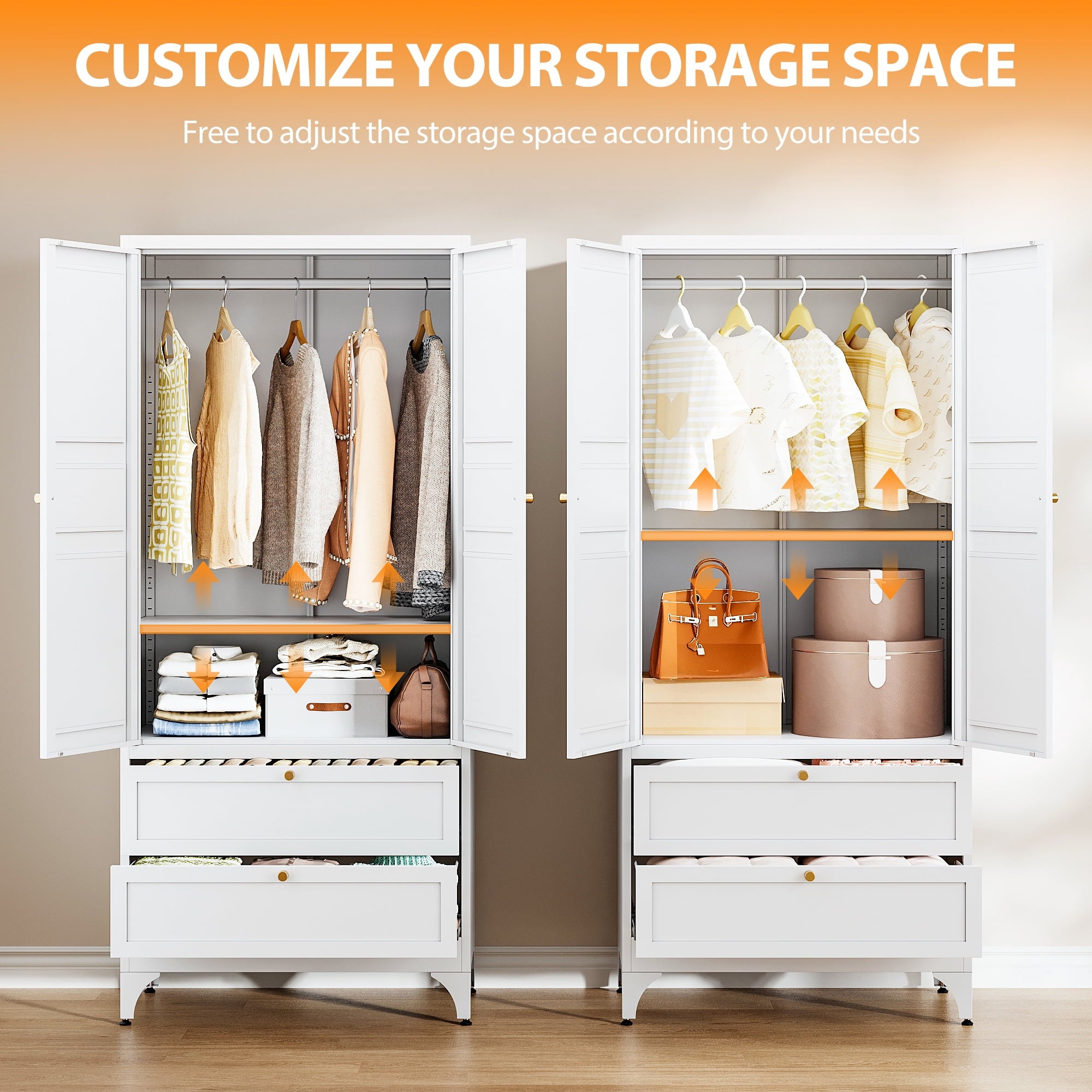 STANI Metal Wardrobe Closet with Hanging Rod, 72 White Armoire Wardrobe Cabinet with Adjustable Shelves, Clothes Storage Organizer Cabinets for Bedroom, Bathroom, Office