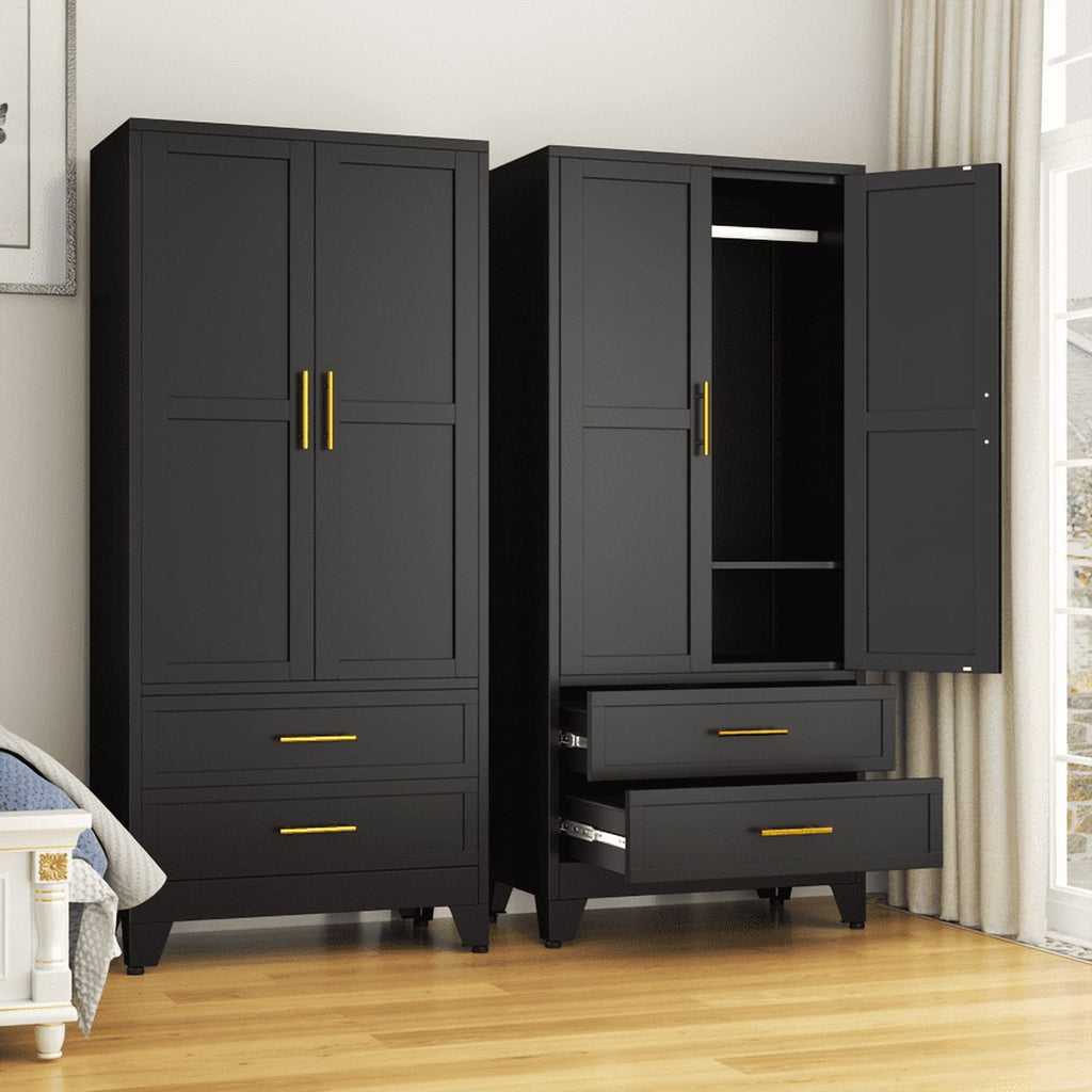 EROSOEI Metal Freestanding Armoire Wardrobe Clost With Hanging Rod and Drawers