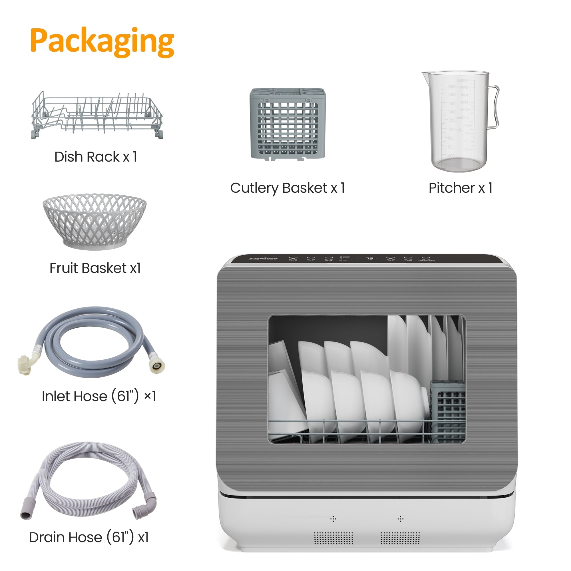 Heynemo Portable Countertop Dishwasher 18, 152oz Built-in Water Tank, 6 Wash Programs, Energy Star, Delay Start for Apartments & RV, White with Brushed Gray Door