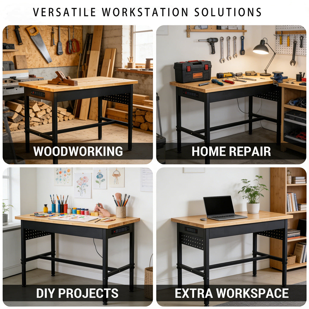 FFZ 70 Inch Adjustable Workbench with Power Outlet, Wheels and Hardwood Top, 70 x 22 x 29.6 inch, Black