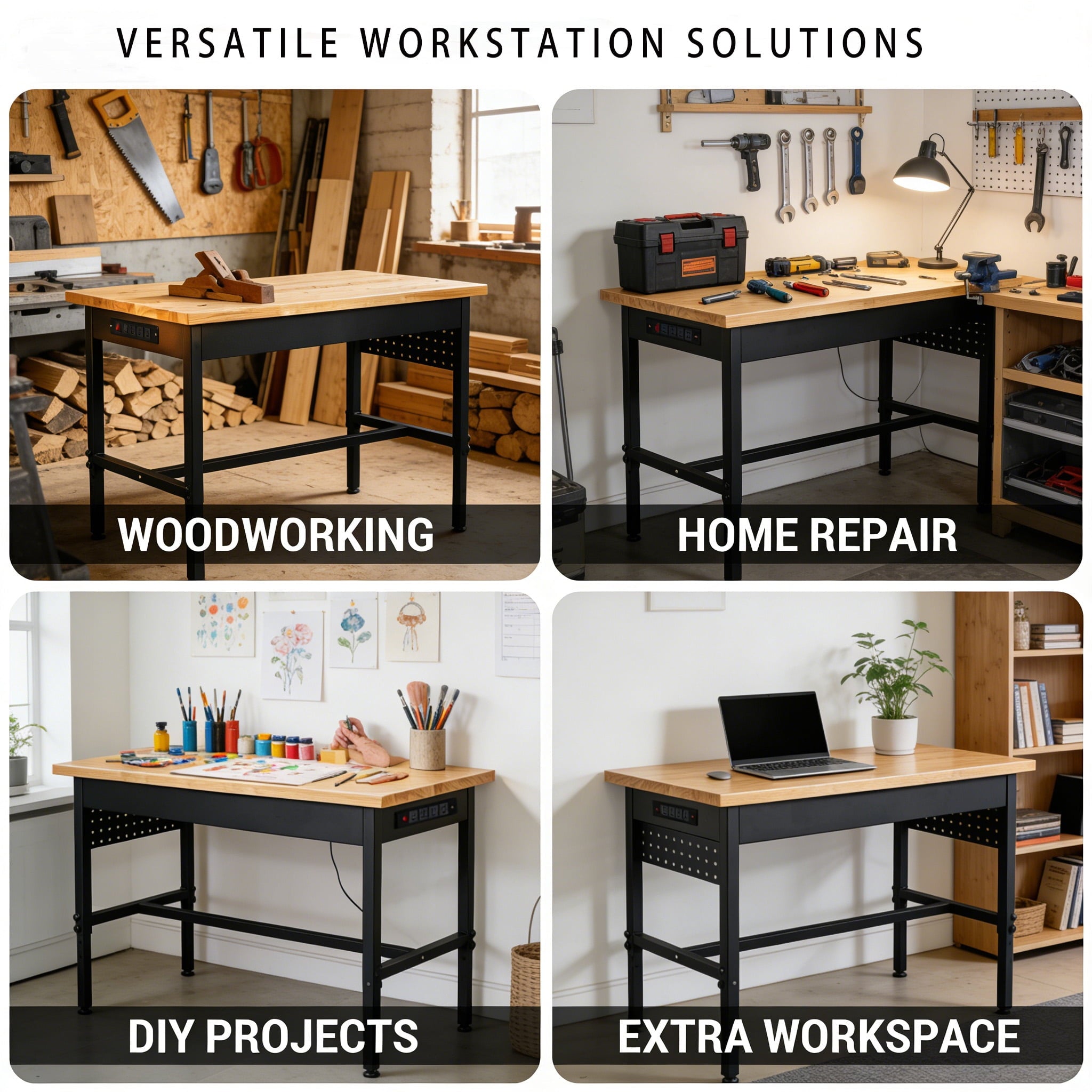 FFZ 70 Inch Adjustable Workbench with Power Outlet, Wheels and Hardwood Top, 70 x 22 x 29.6 inch, Black