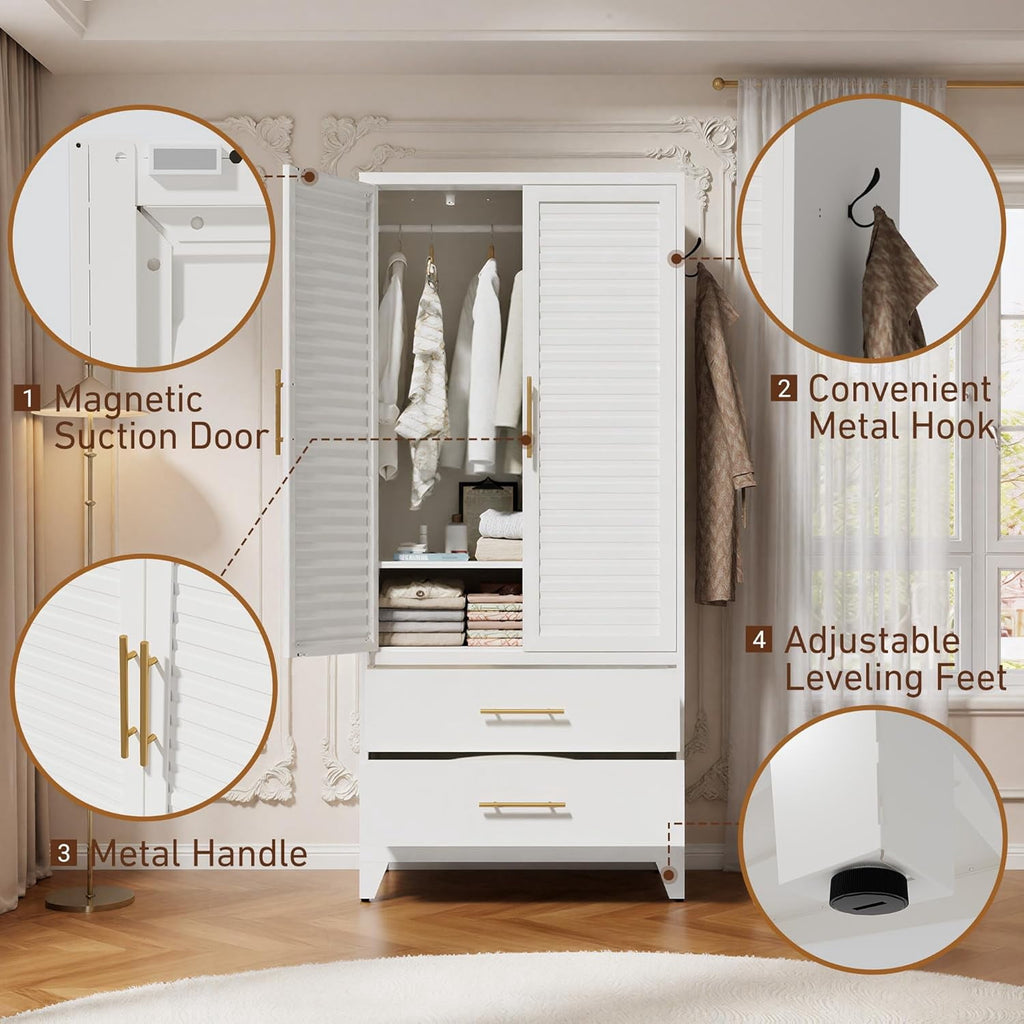 IKIMI 71H Metal Armoire Wardrobe Closet with Adjustable Hanging Rod and Drawers, Clothing Storage Cabinet for Bedroom, Bathroom, White
