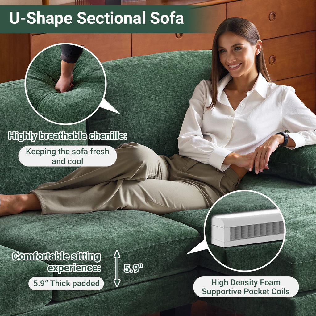 Ktaxon U-Shaped Sectional Sofa, 111  Chenille Couch, 4 Seat Lounge Sleeper with Double Chaise for Living Room Black
