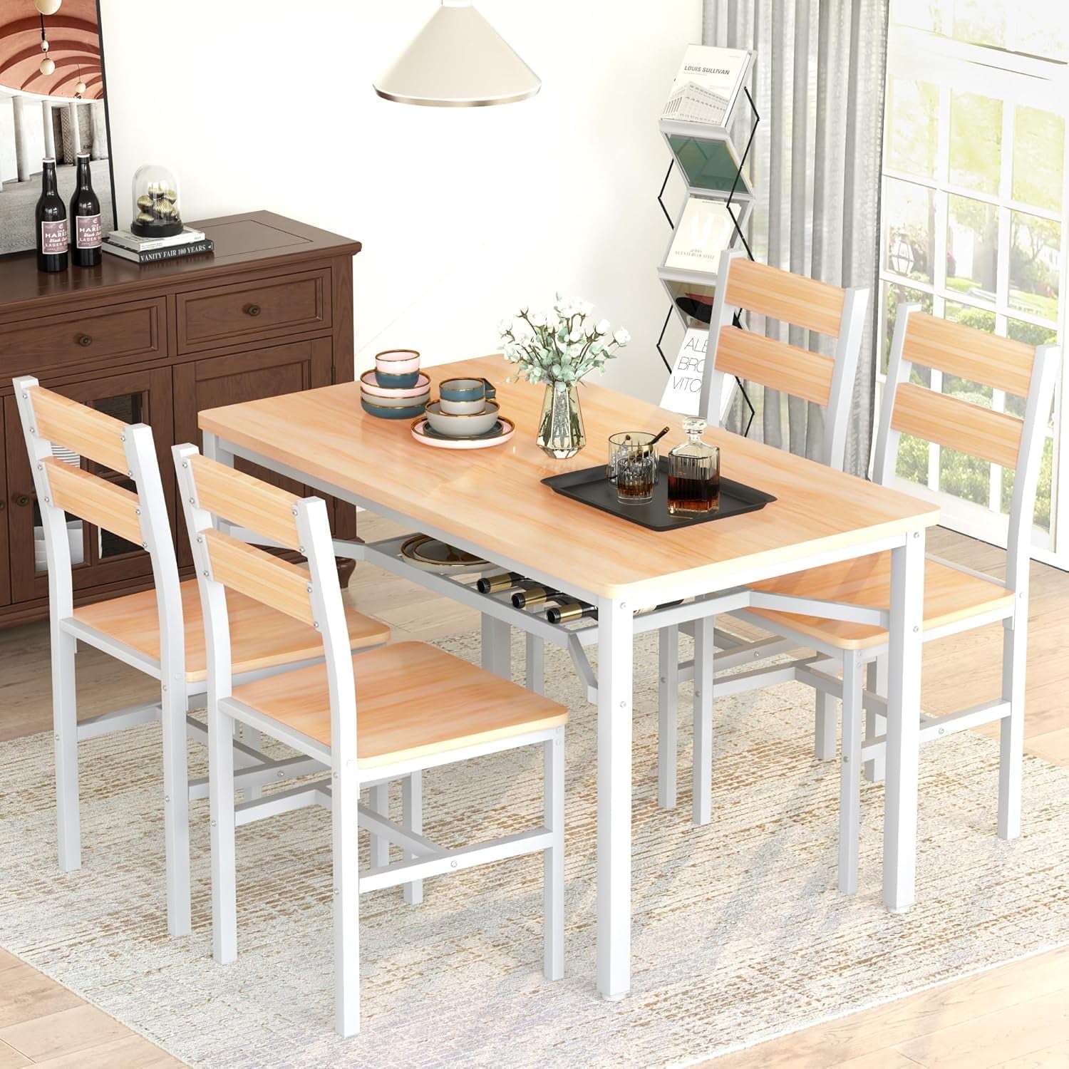 Lamerge 4 Person Dining Table Set, Wooden Dining Table 5 Piece Set with 4 Oak Metal Frame Chairs, Space Saving, Suitable for Apartments, Small Spaces, Kitchens, Breakfast Corners, Espresso Wood C