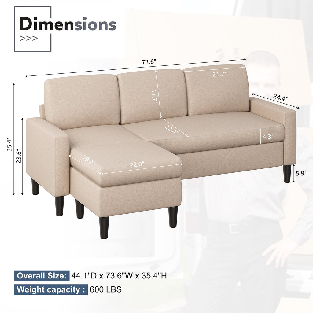 Walsunny 73.6 Convertible Sectional Sofa Couch, L-Shaped 3-Seat Sofa Couch with Reversible Chaise for Small Space,Dark Gray