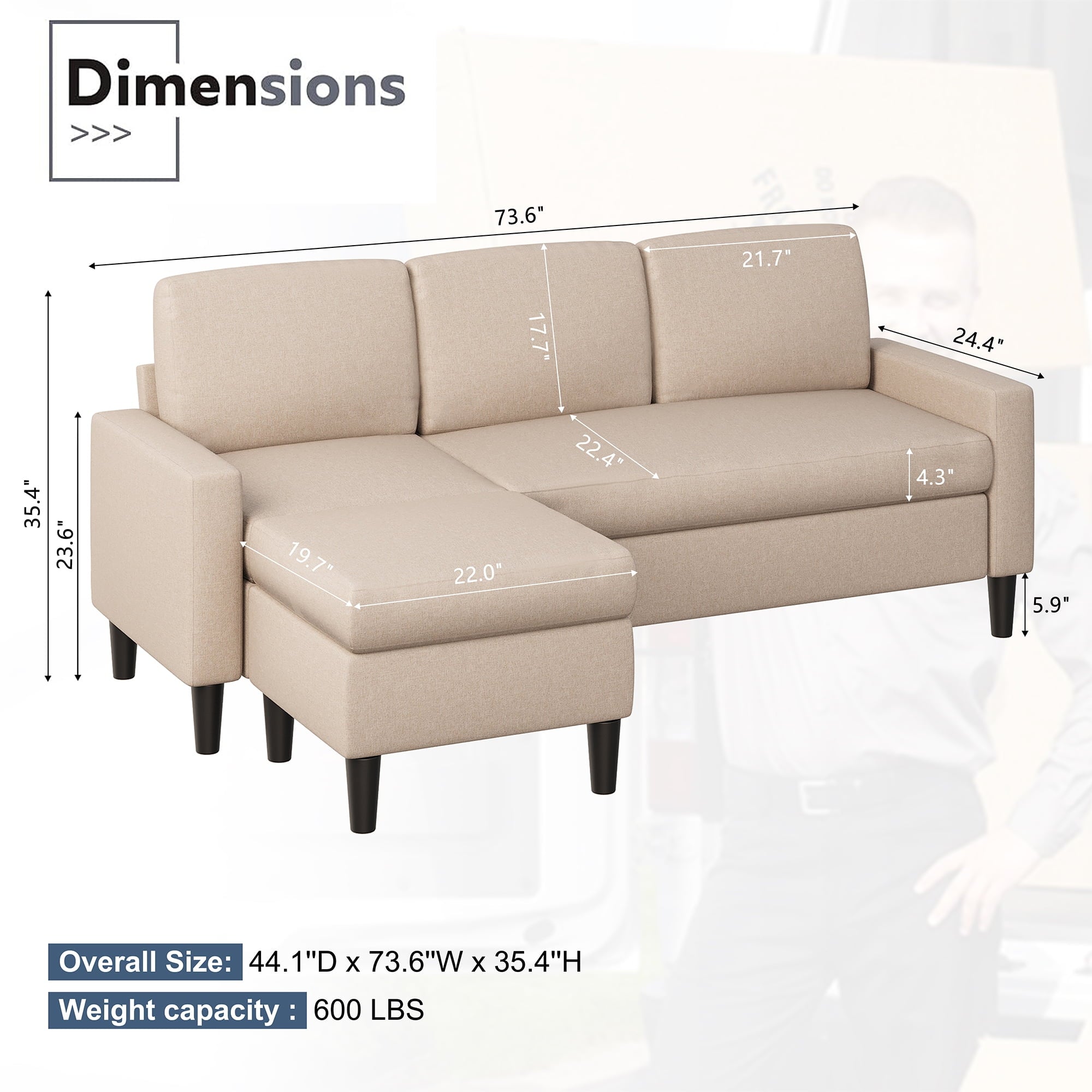 Walsunny 73.6 Convertible Sectional Sofa Couch, L-Shaped 3-Seat Sofa Couch with Reversible Chaise for Small Space,Dark Gray