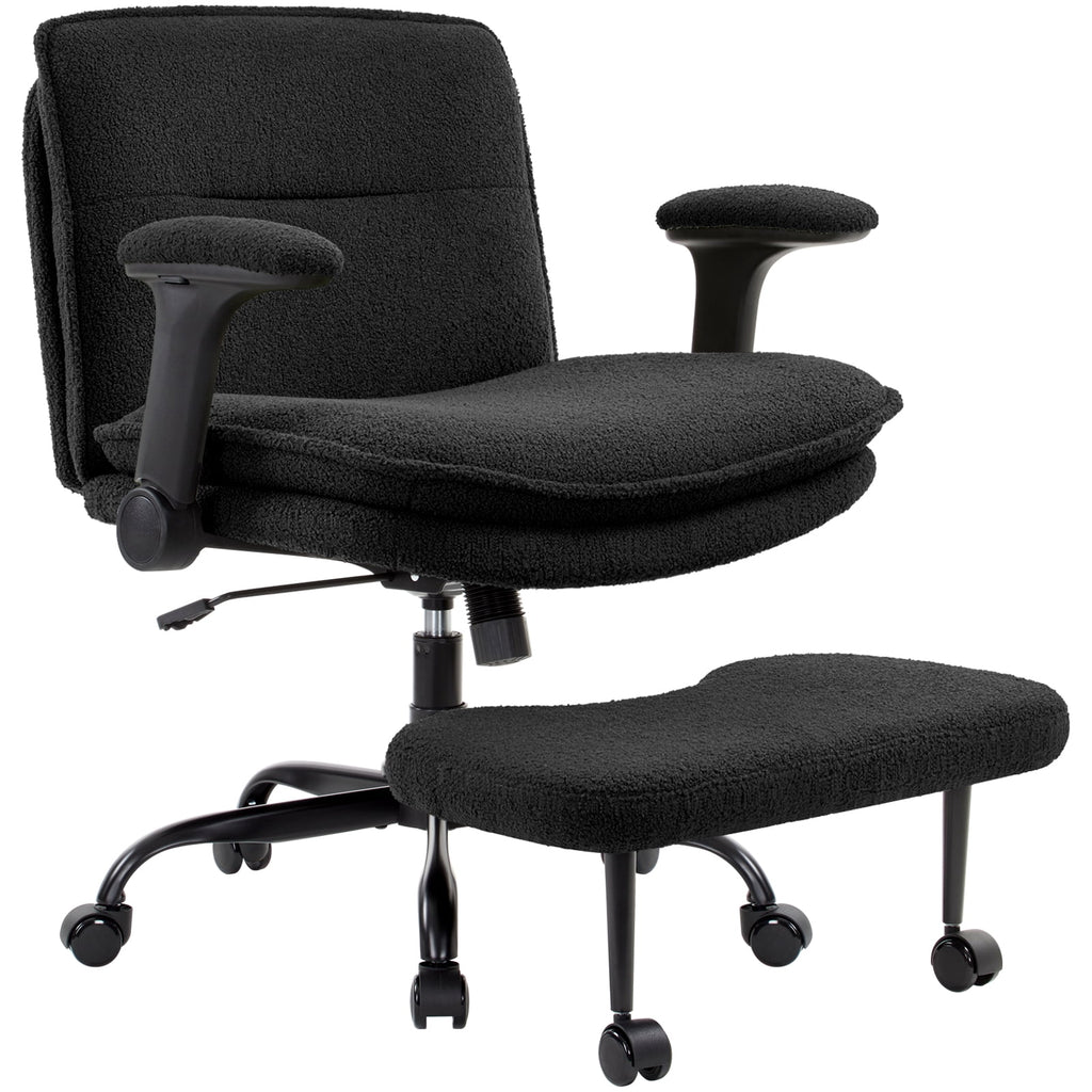 Cross Legged Office Chair with Flip-up Armrests for ADHD, Extra Wide Seat Criss Cross Desk Chair with Stretchable Footrest & Wheels for Adults, Ergonomic Meditation Chair for Home Office Black