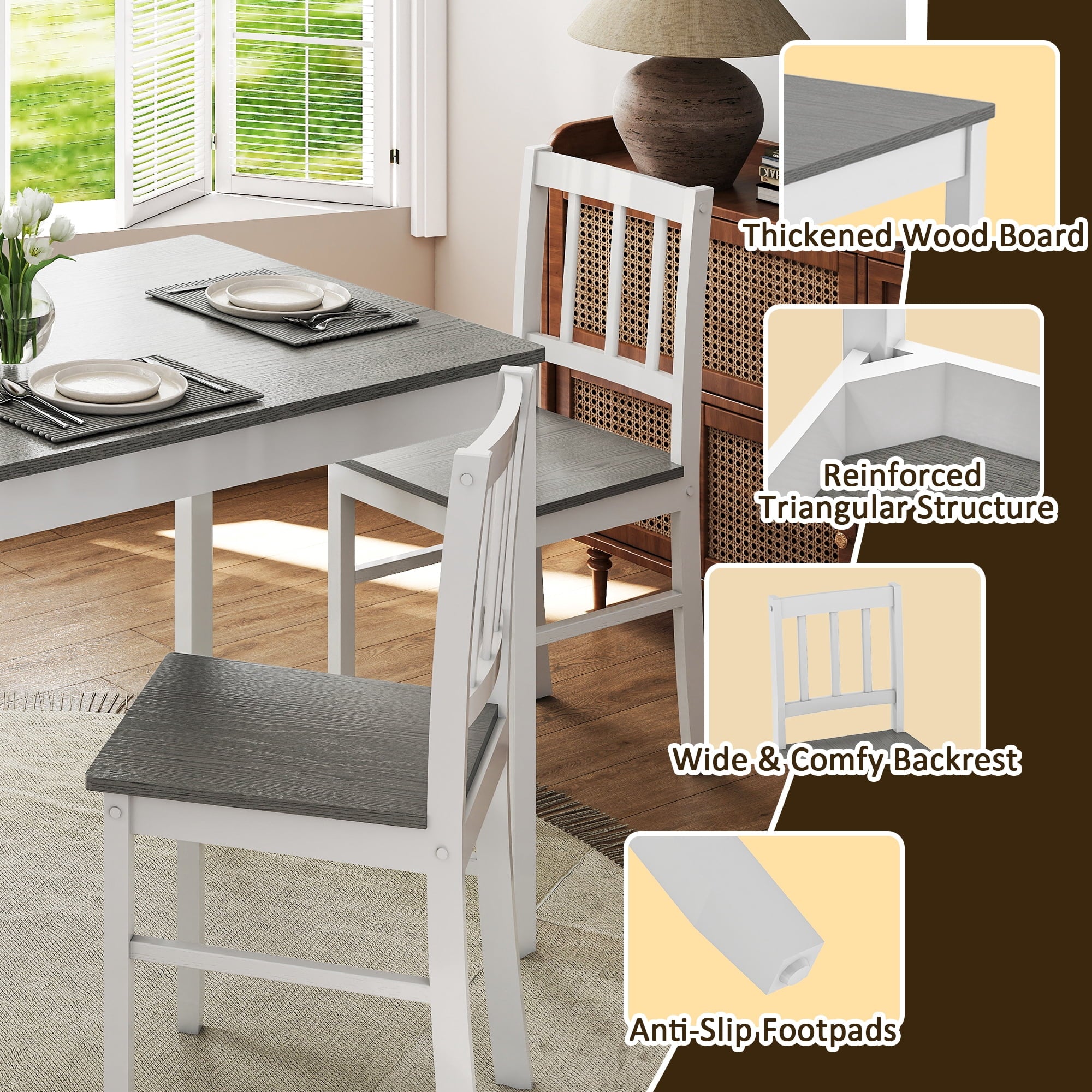 Joywind 5-Piece Solid Wood Dining Set – Rectangular Dining Table with 4 Chairs, Modern Grey Design for Kitchen, Dining Room & Restaurant
