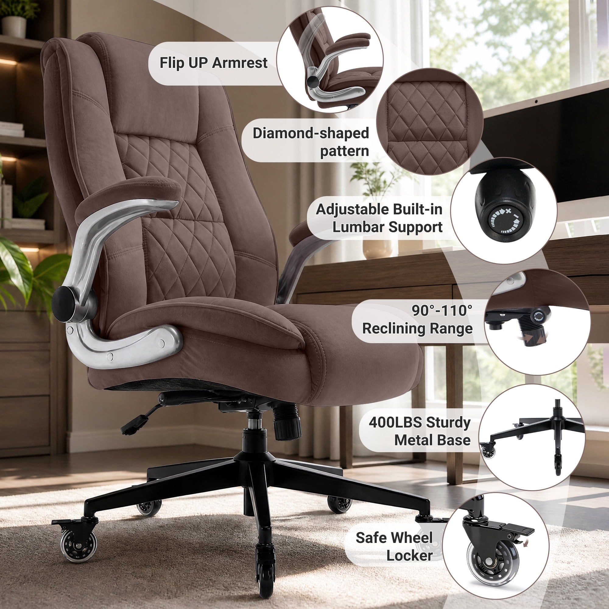 Ergonomic Home Office Chair with Locking Wheels, High-back Desk Chair with Thick Padded Flip-up Armrest, Comfy Executive Chair with Adjustable Lumbar Support for Home & Office & Work