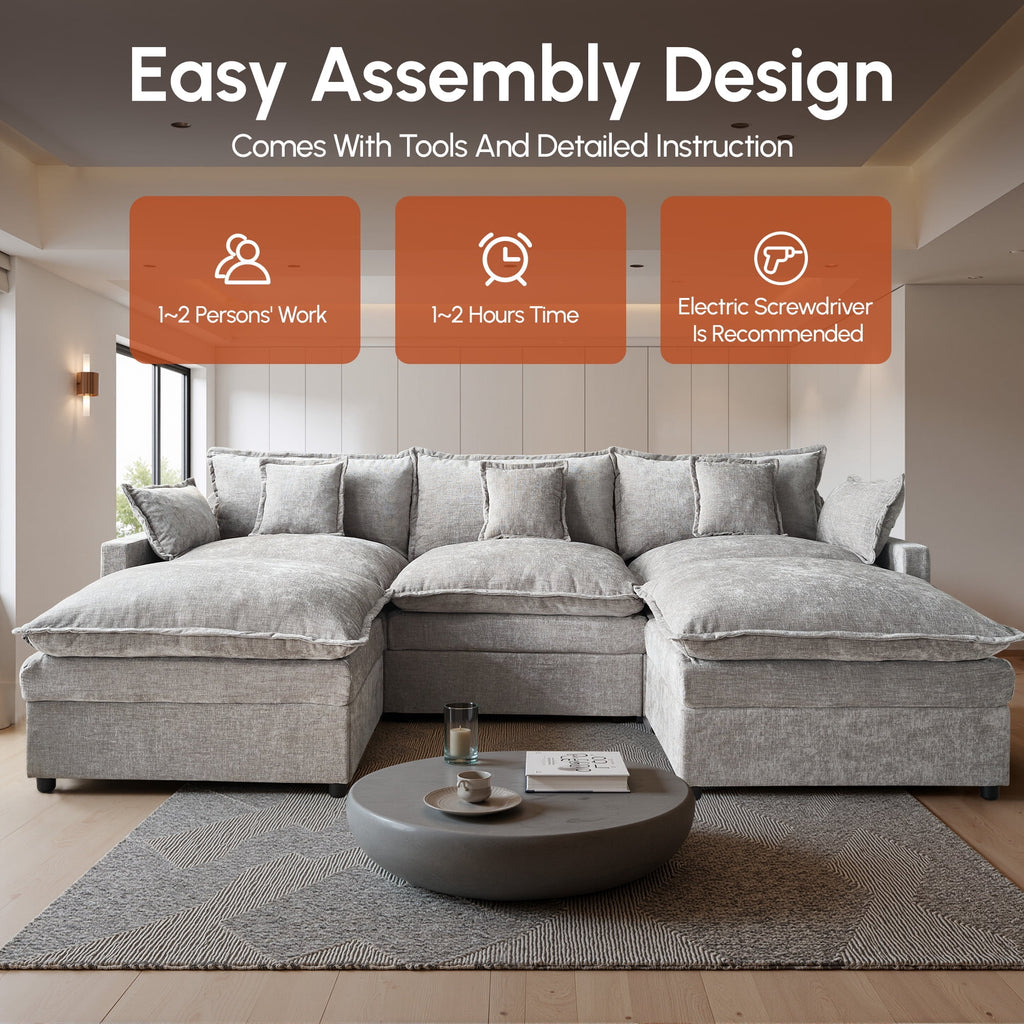 Ovios 108 Modular Sectional Sofa U-Shaped Cloud Couch with 2 Ottomans, Comfy Living Room Furniture, Chenille, Camel