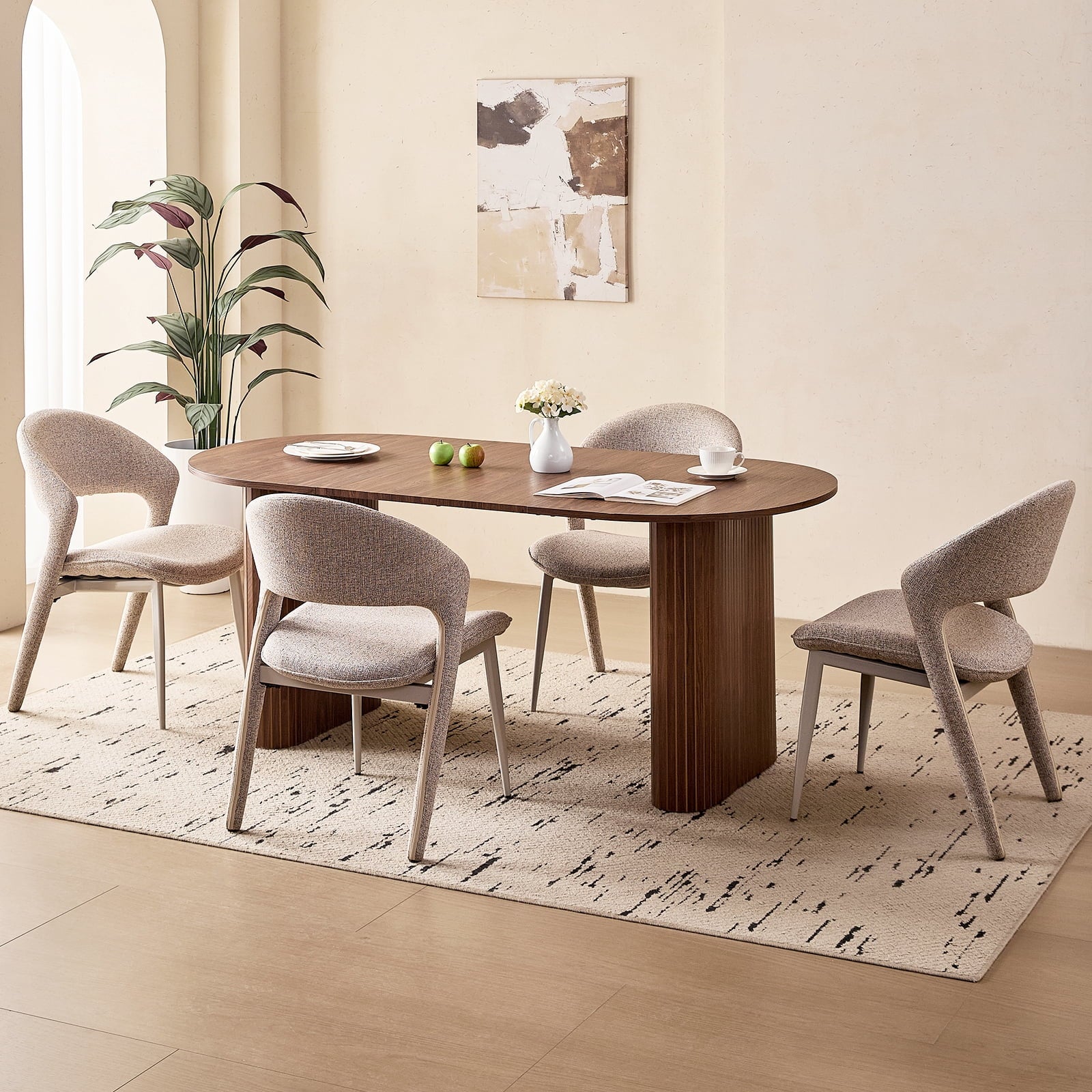 71 Natural Large Dining Table Set for 4 Modern Kitchen Table with Beige Boucle Upholstered Kitchen Chairs Set of 4