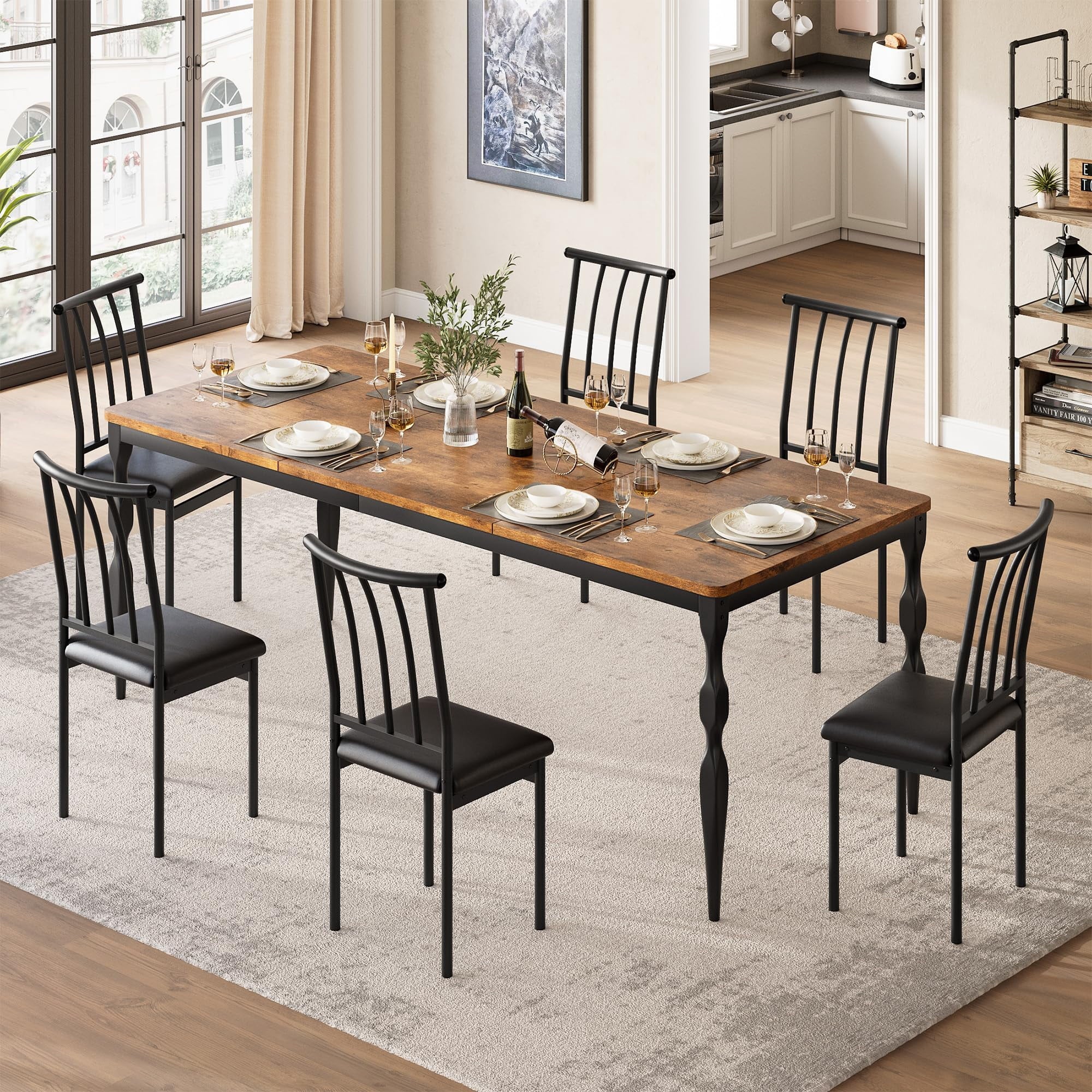 M optimized 78-inch Farmhouse Dining Table for 8, Rustic Rectangular Kitchen Table with Large Tabletop, Long Wooden Dining Room Table with Heavy Duty Legs